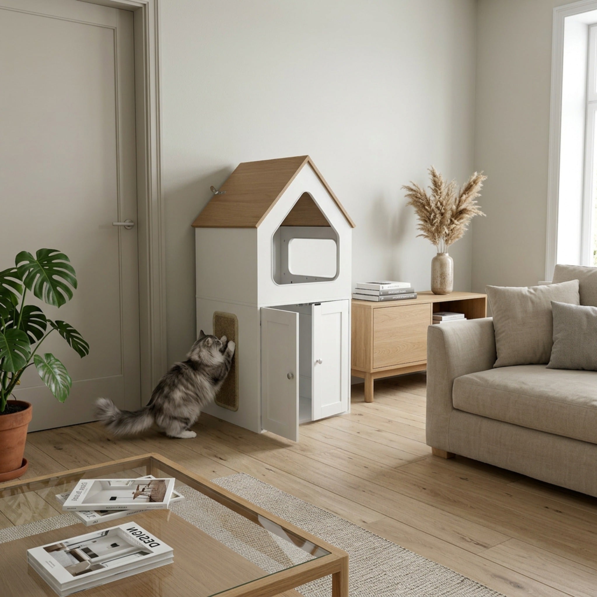 Rooftop Shaped Cat Condo with Litter Enclosure