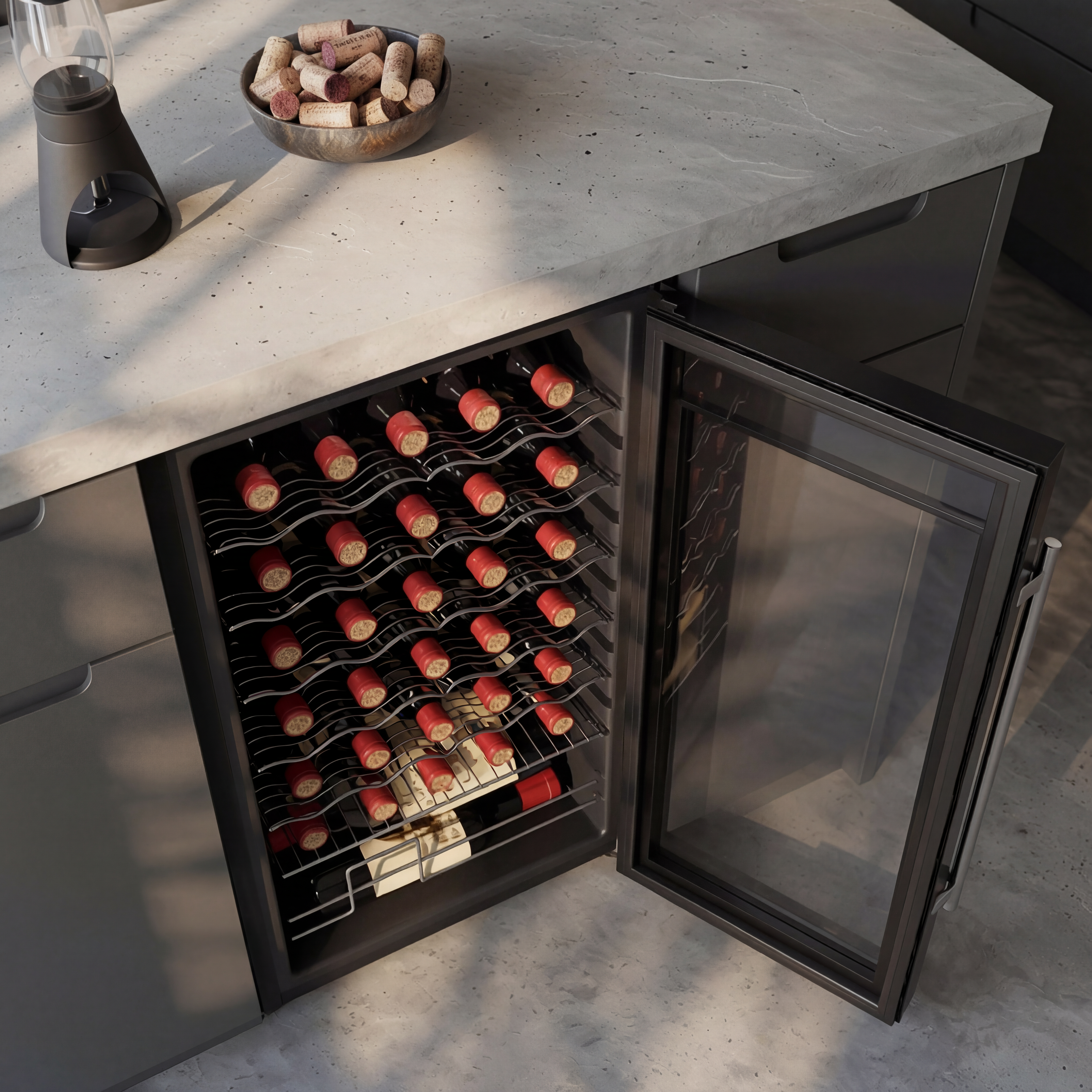 Black wine fridge with glass door and digital temperature display