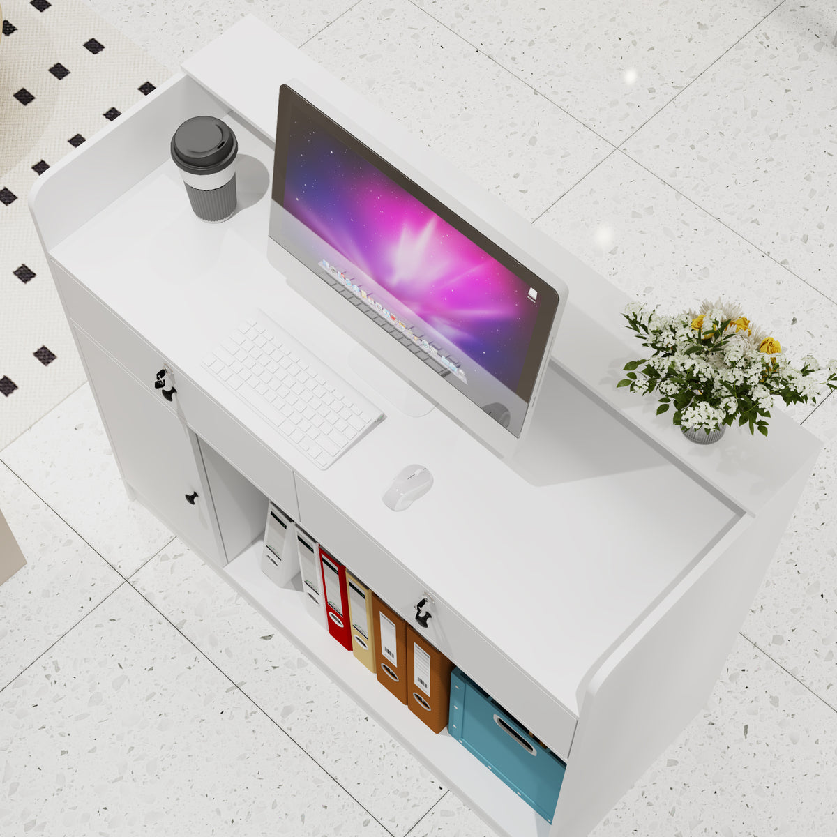 47.2 inches White Reception Desk with Metal Pegboard, Locking Drawers and Large Storage