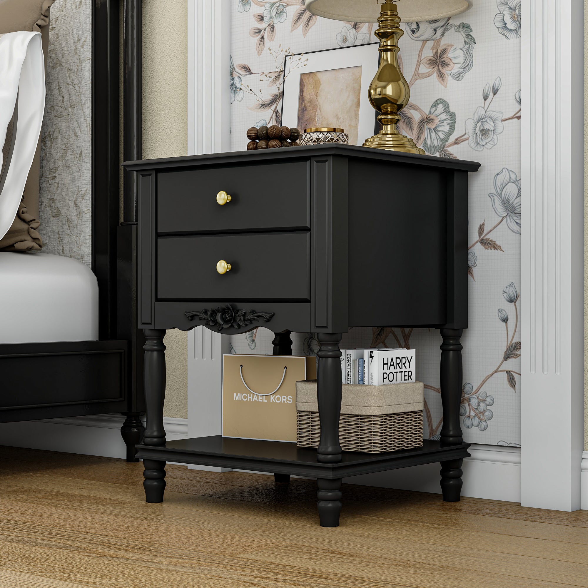 End Table Side Table Bedroom Night Stand Bedside Embossed Table with 2 Drawers & Open Shelf