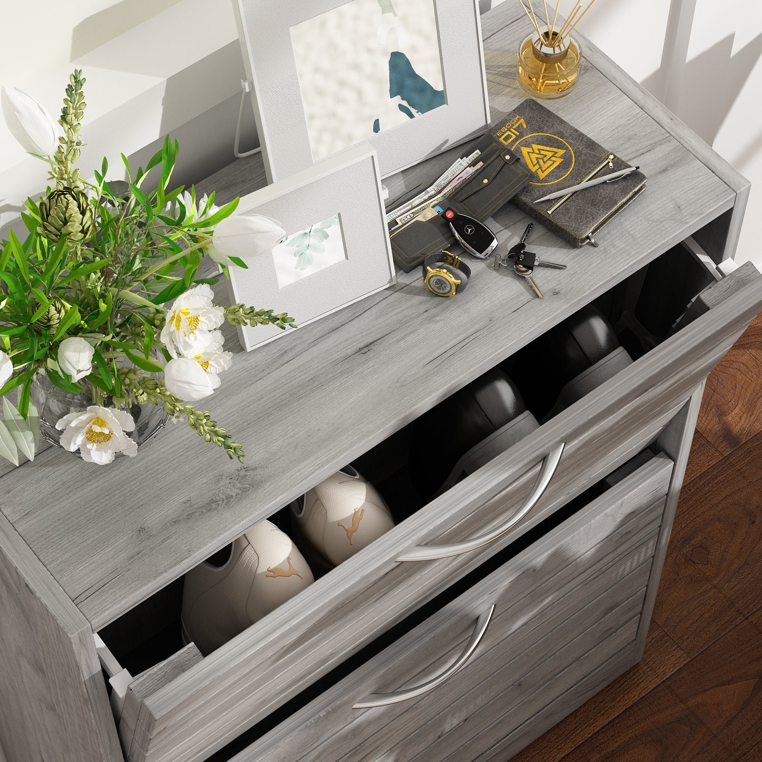 Shoe Cabinet with 2 Flip Drawers 2-Tire Shoe Storage Cabinet for Entryway