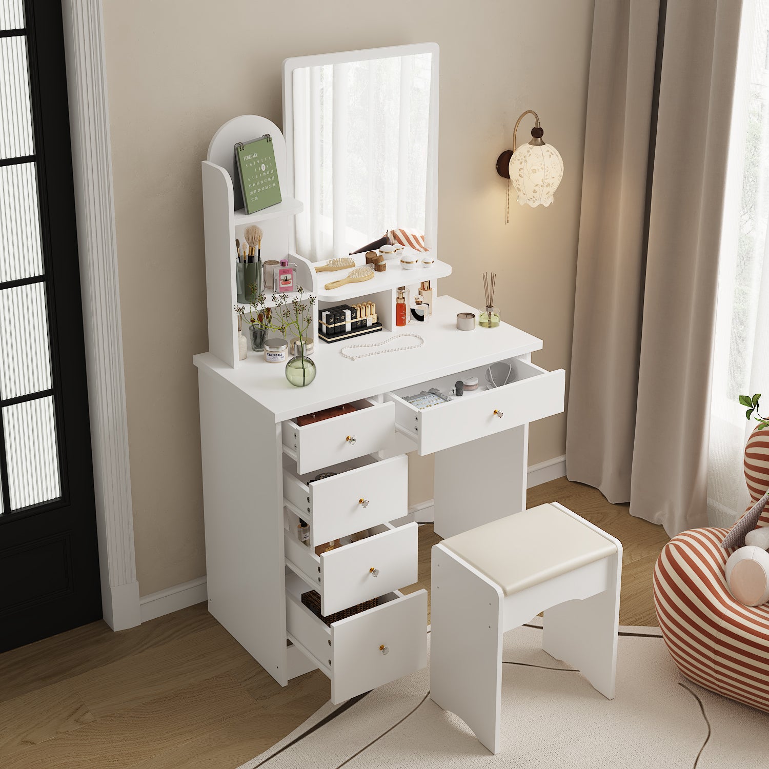 Modern Vanity Desk With Mirror, 5 Drawers, Shelves And Matching Stool, Makeup Dressing Table