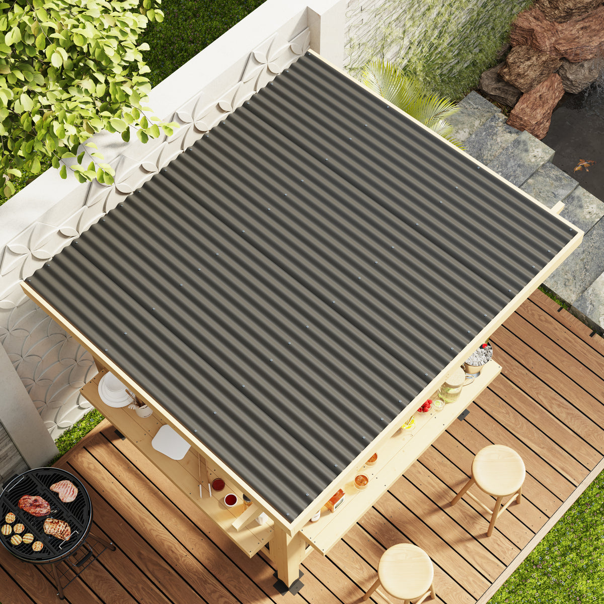 Outdoor grill with a gray cover on a wooden deck, surrounded by greenery