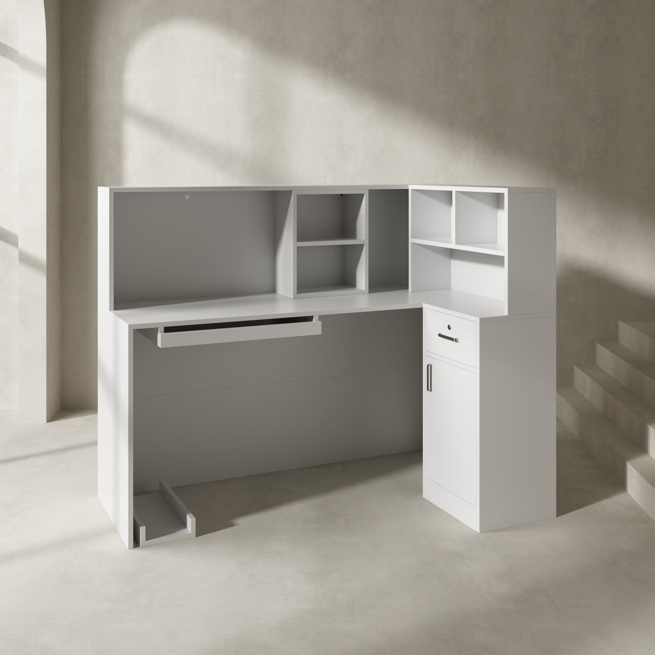 L-Shaped Reception Desk with Large Storage Filing Cabinets