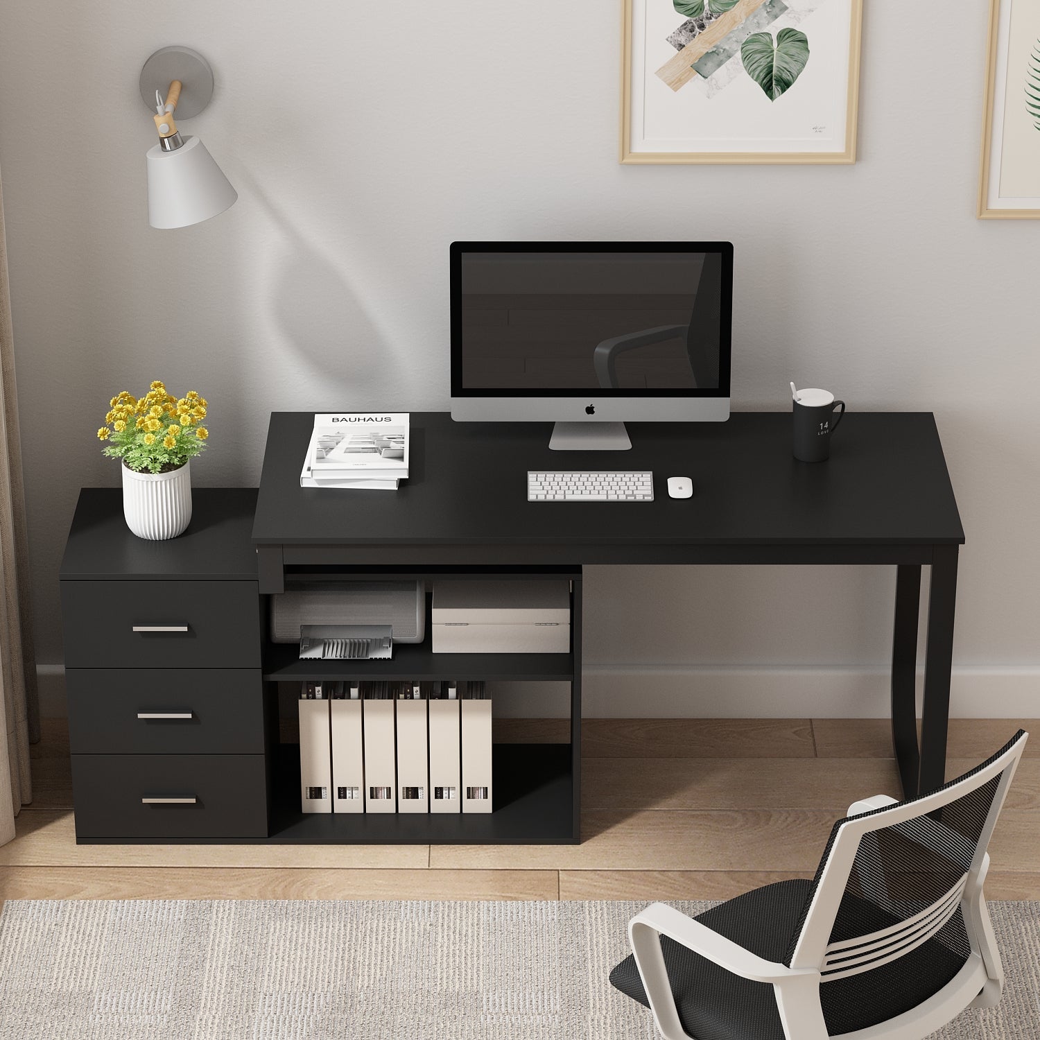Home Office Computer Desk Corner Desk with 3 Drawers and 2 Shelves, 55 Inch Large L-Shaped Study Writing Table with Storage Cabinet