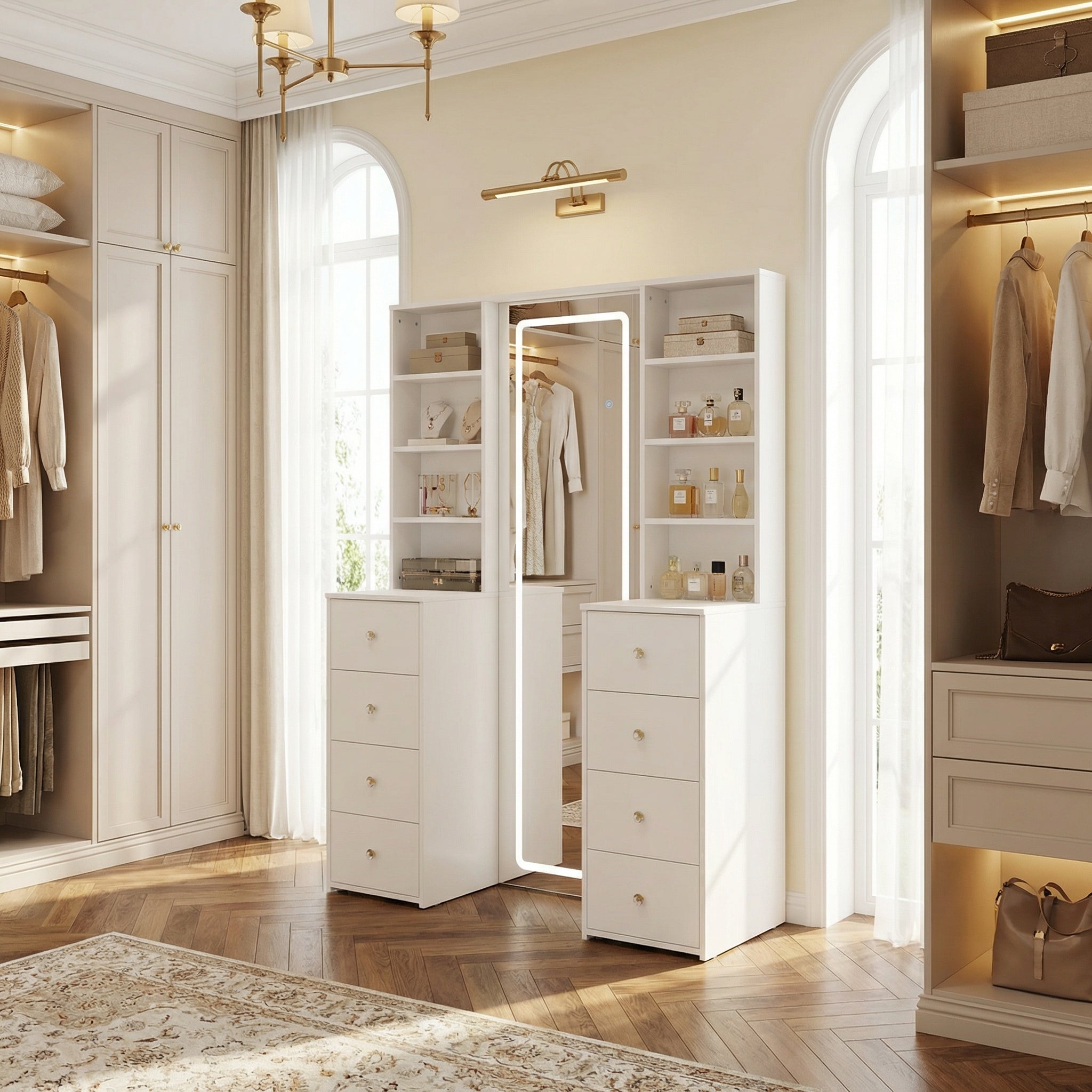 White makeup vanity with full-length LED mirror, side shelves, and drawer storage