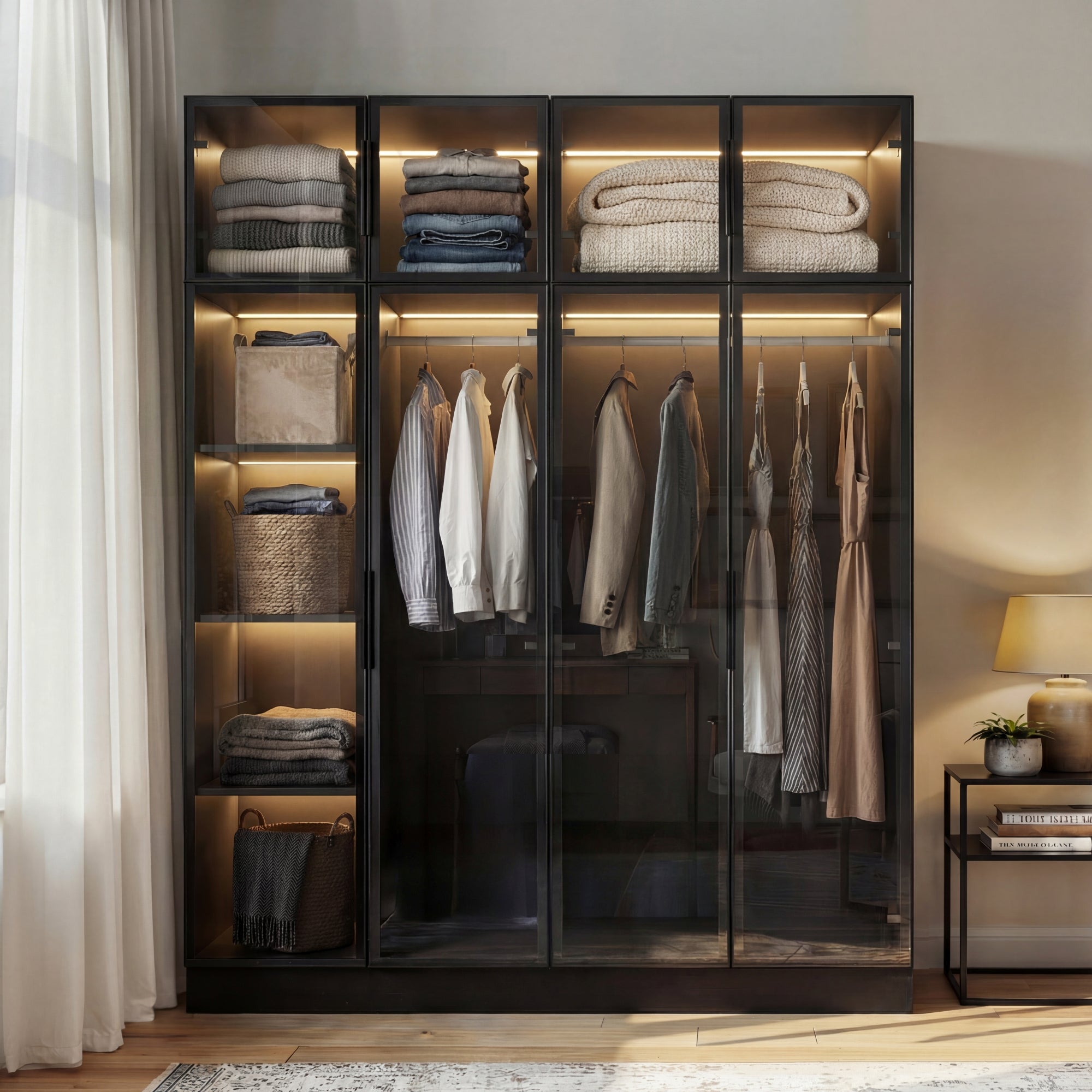 Modern wardrobe with clothes and shelves in a well-lit room