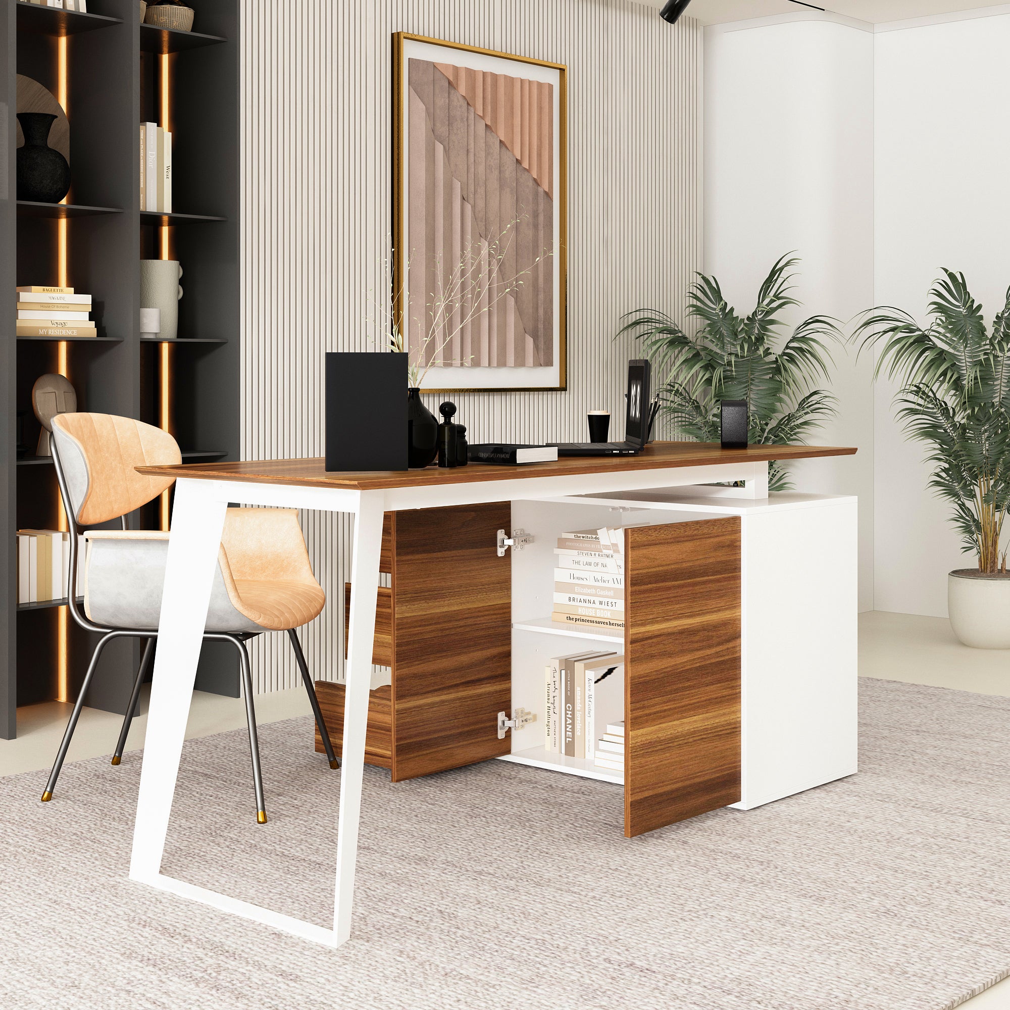 54.3" Mid-Century Modern L-Shaped Corner Computer Desk with Drawers and Wood Grain