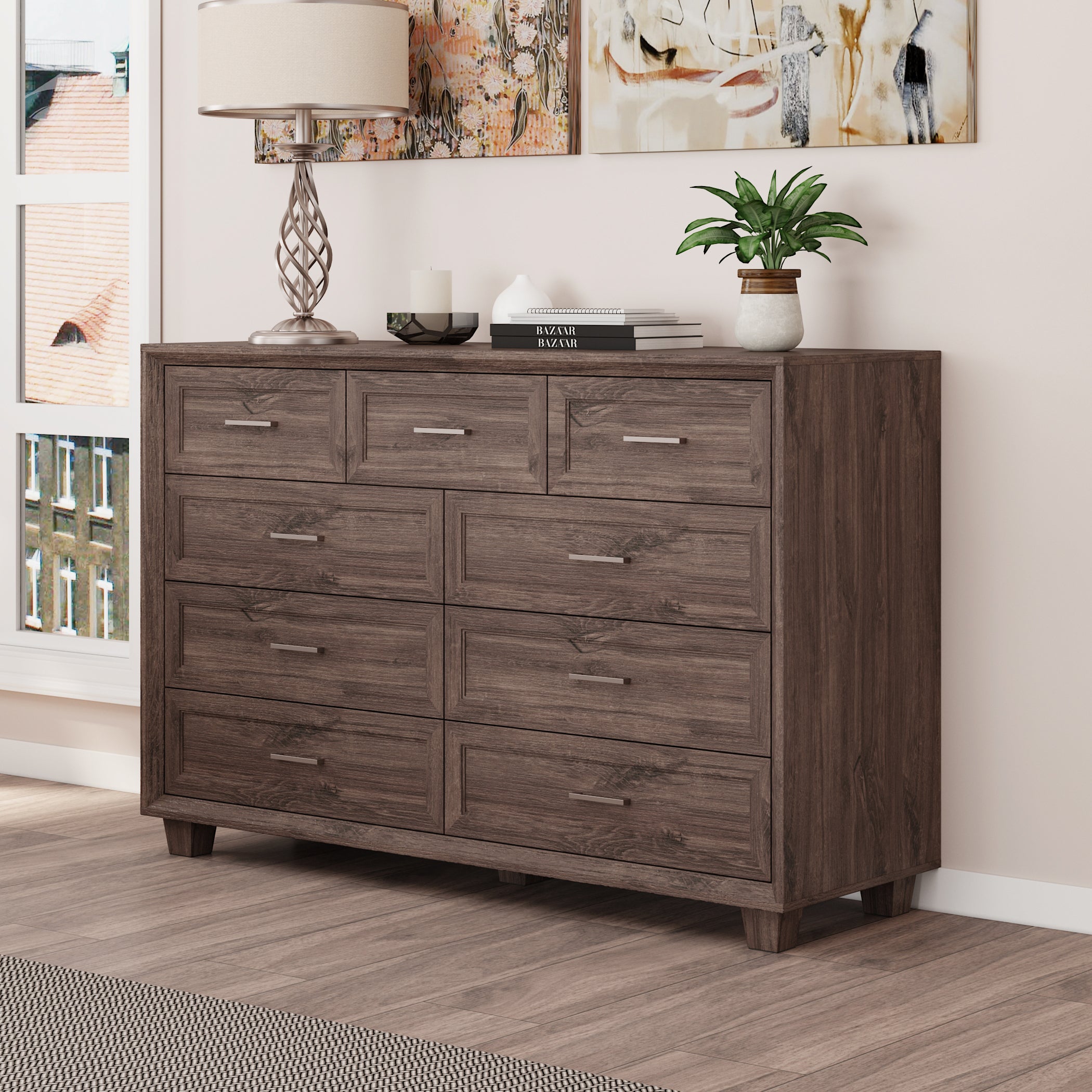 60" Wide 9-Drawer Accent Chest With Metal Handles