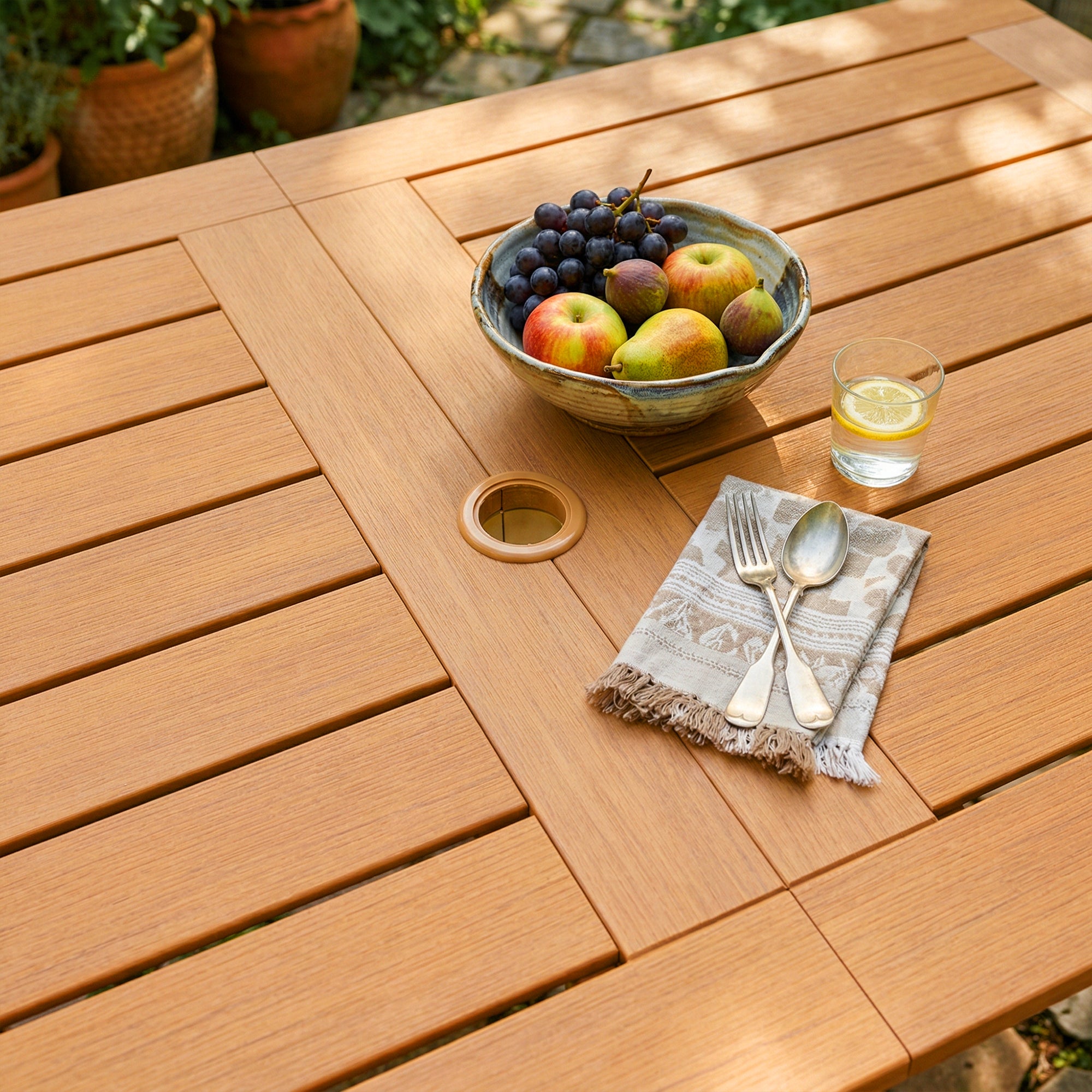 Wood outdoor dining set with rectangular table and matching armchairs