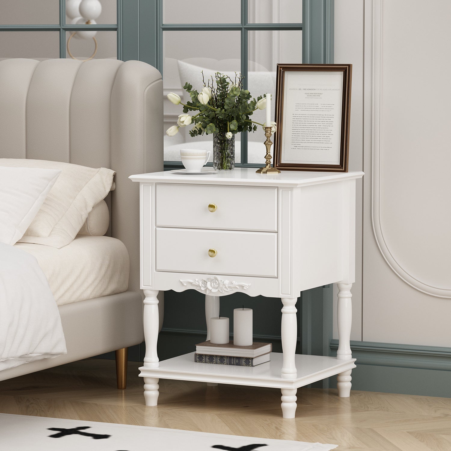 End Table Side Table Bedroom Night Stand Bedside Embossed Table with 2 Drawers & Open Shelf