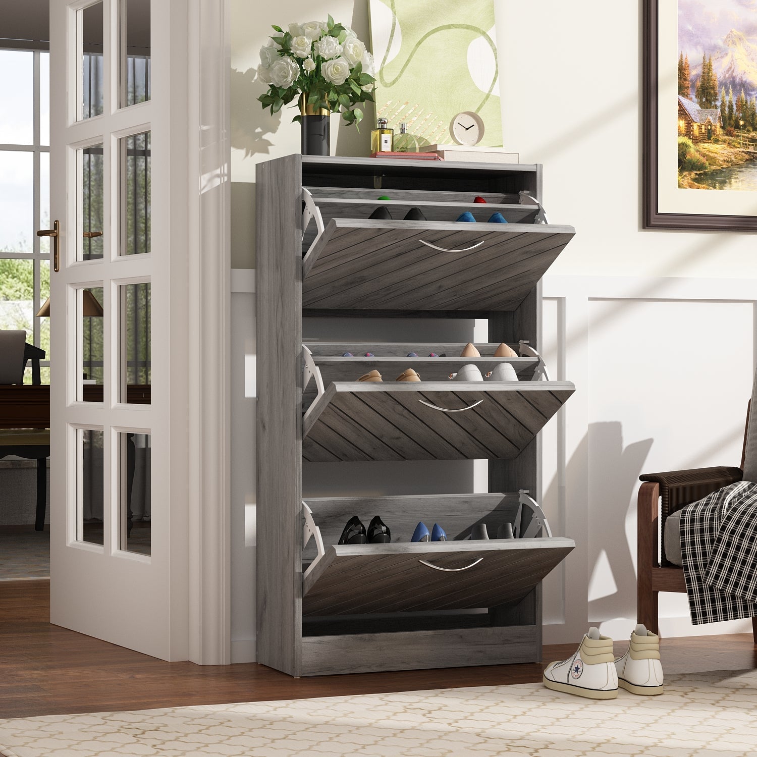 Shoe Cabinet with 3 Flip Drawers Distressed Shoe Organizer for Hallway Entryway
