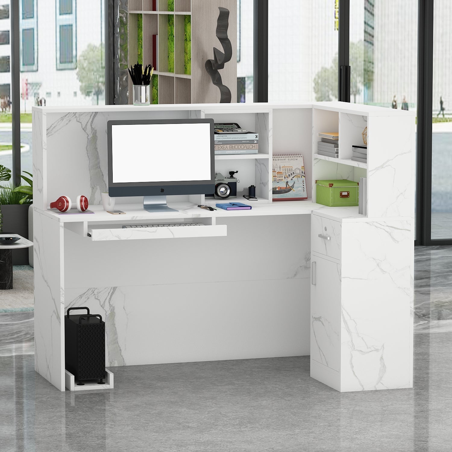 L-Shaped Reception Desk with Large Storage Filing Cabinets