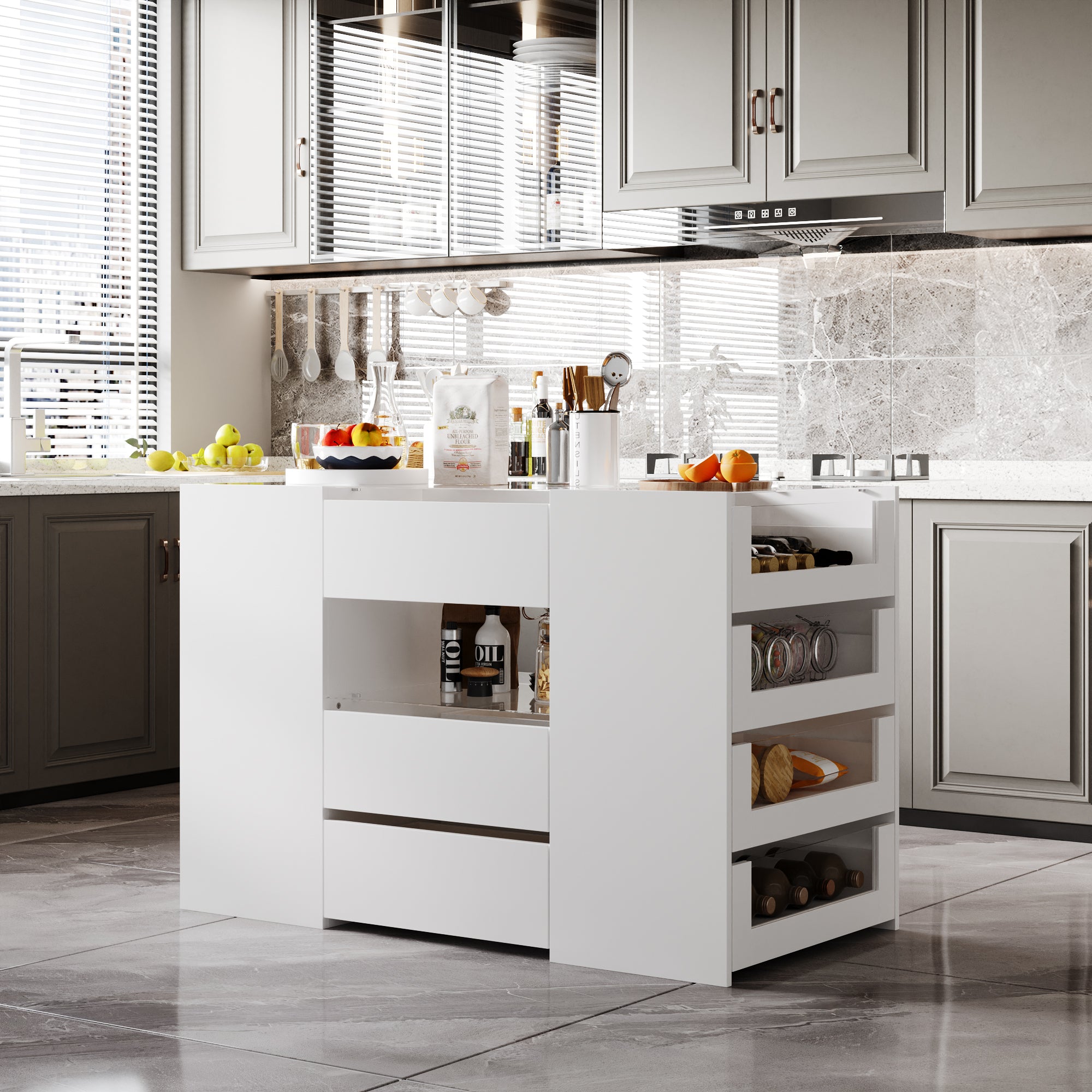 47.2 inch Modern White Kitchen Island with 14 Drawers and Tempered Glass Top
