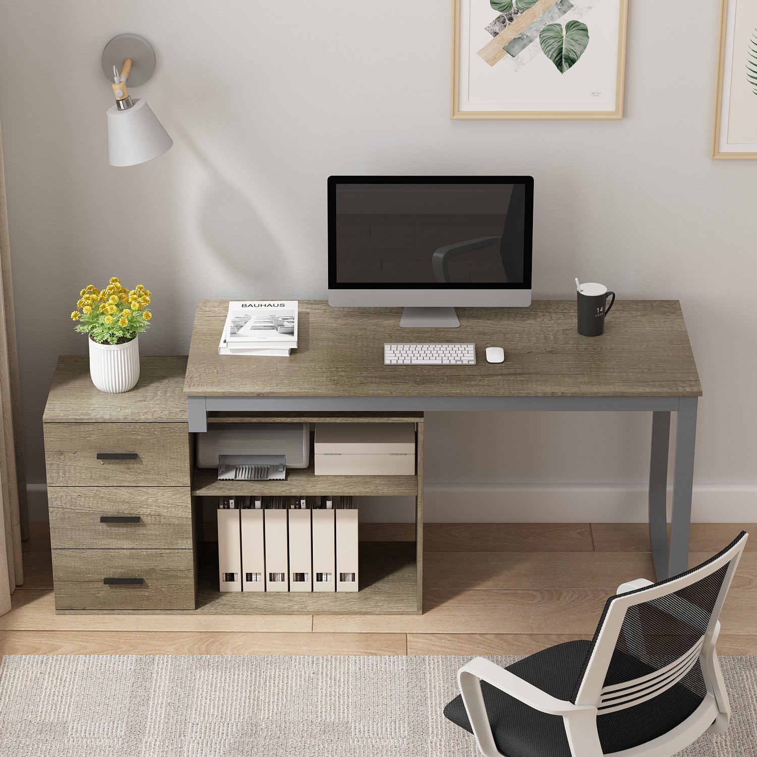 Home Office Computer Desk Corner Desk with 3 Drawers and 2 Shelves, 55 Inch Large L-Shaped Study Writing Table with Storage Cabinet