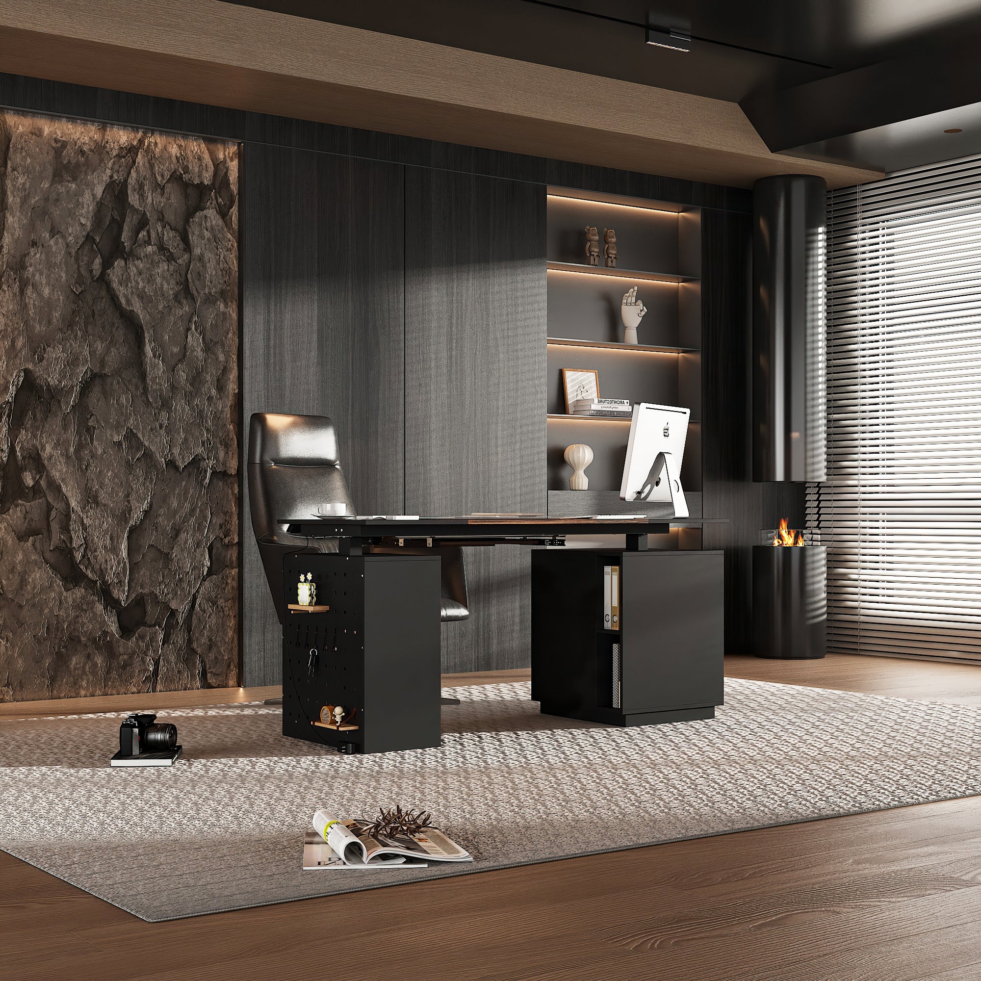 Modern Electric Height Adjustable Desk With Dual Storage Modules And Pegboard Organizer