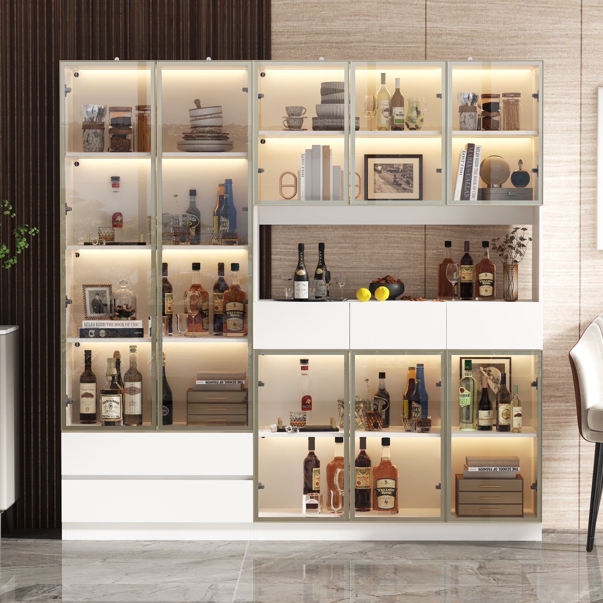 78.7'' H x 78.7'' W Bookcase with Glass Doors & 3-Color Changing Lights