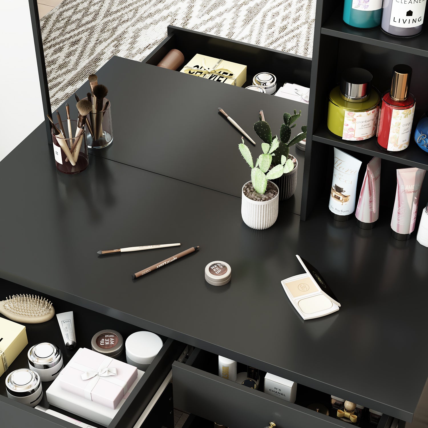 Makeup Vanity Set with Cushioned Stool, 5 Drawers & Shelves