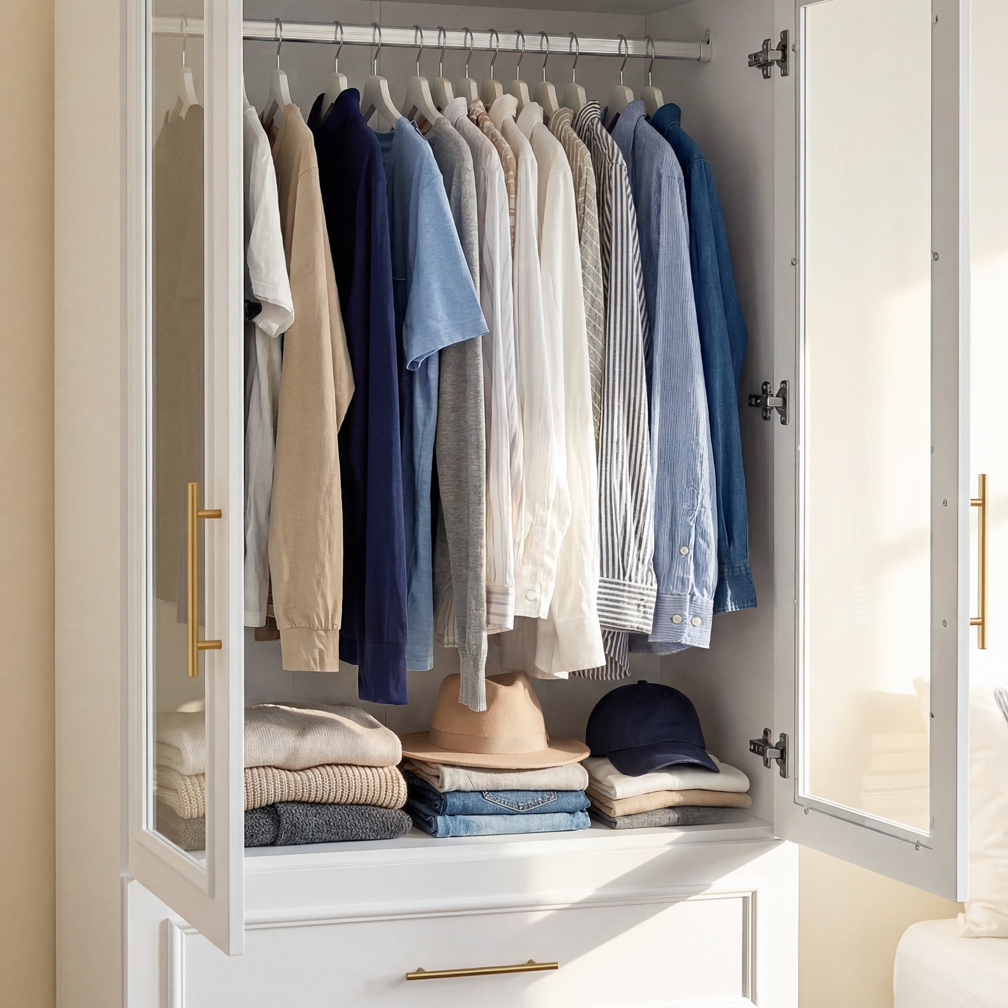 31.7 inches Modern White Glass Door Armoire with Hanging Rod and 3 Drawers