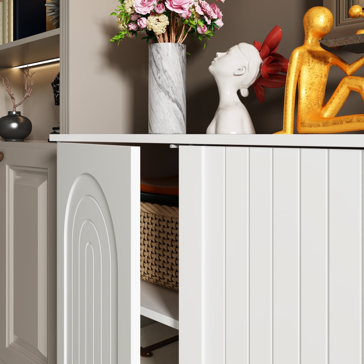 Sideboard Buffet Table Console Table in White Finish 4 U-Shaped Doors