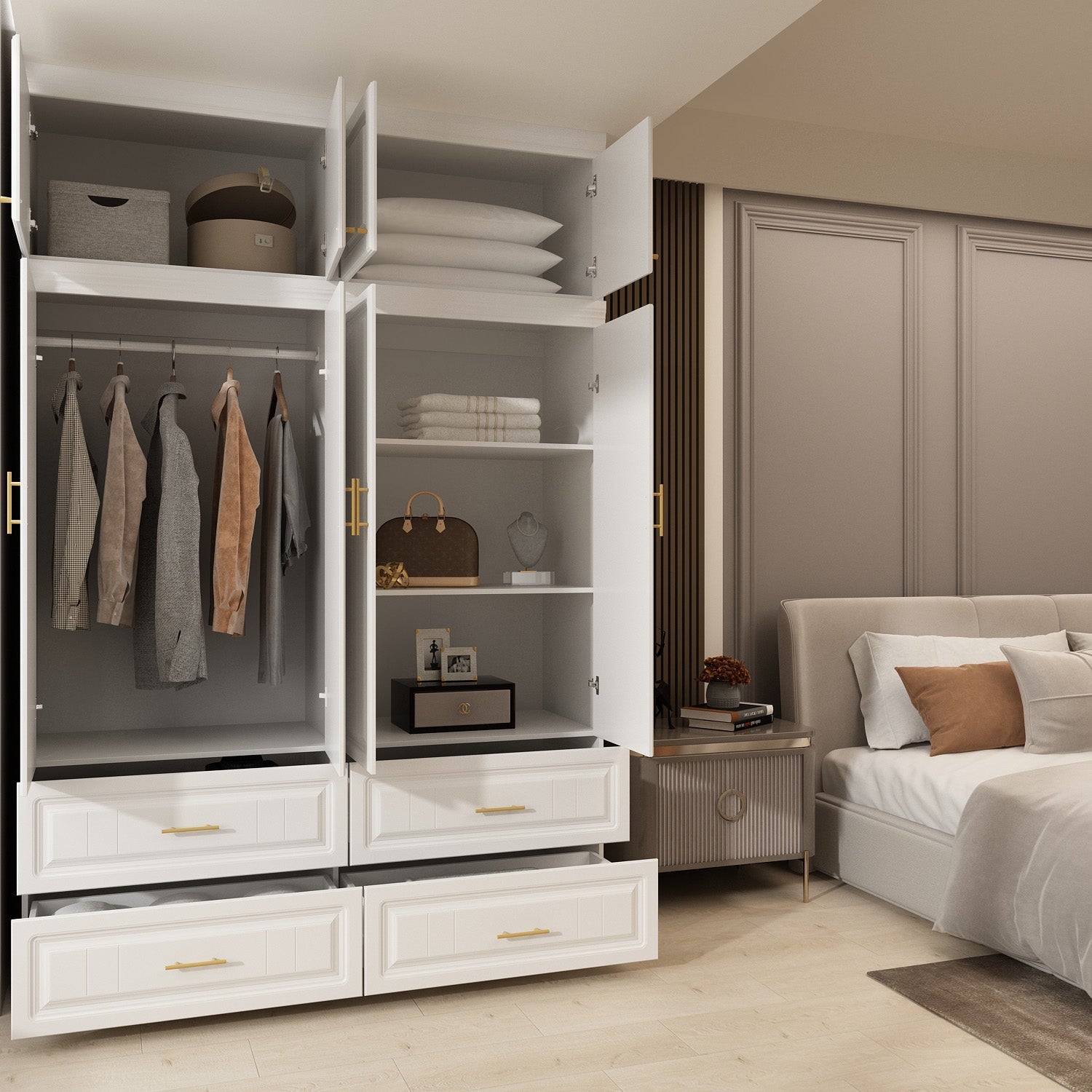 Family Cabinet Wardrobe Bedroom Armoire Home Closet 4 Doors and Drawers