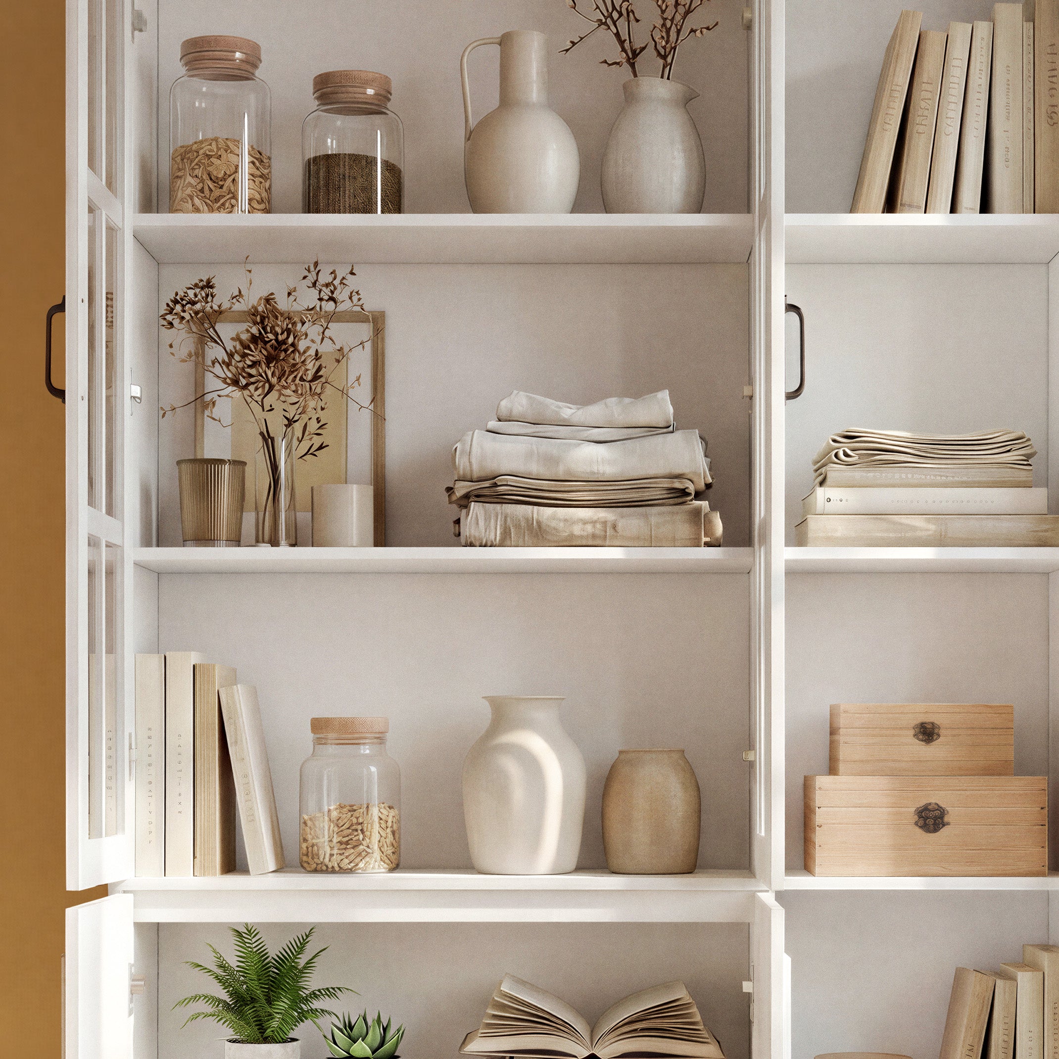 47.2 inches Modern White Freestanding Wood Bookcase with 3 Glass Doors