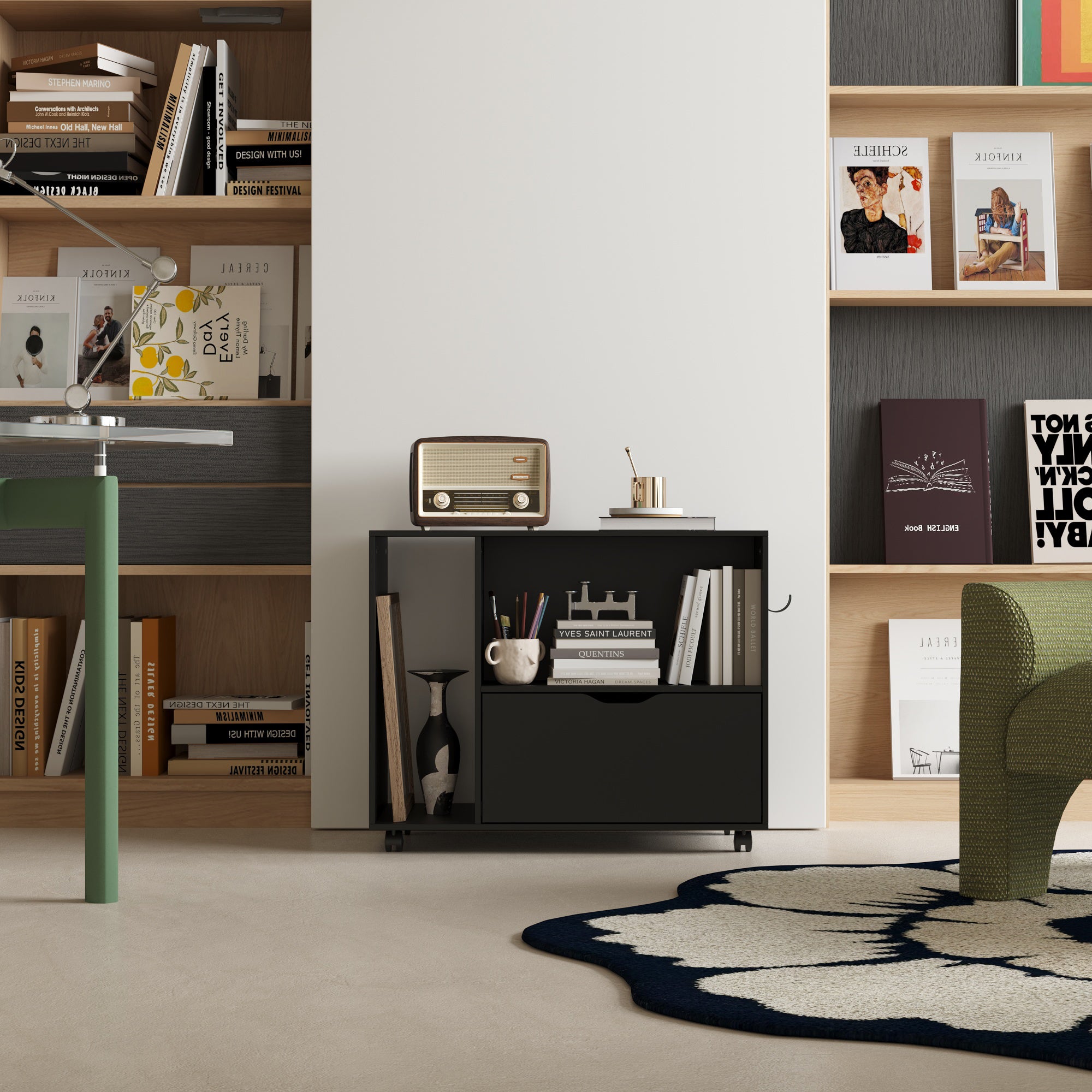 31.5" Wide Black Double File Cabinet - With Side Drawers, Hooks & Spinner Wheels