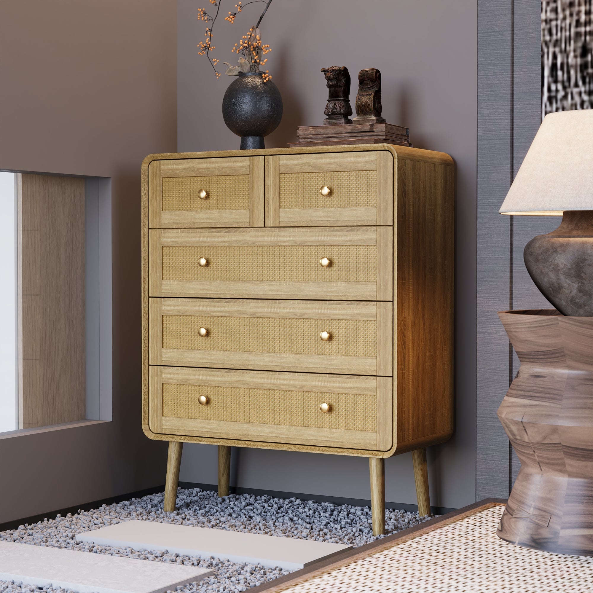 Vertical 5 Rattan Chest Of Drawer