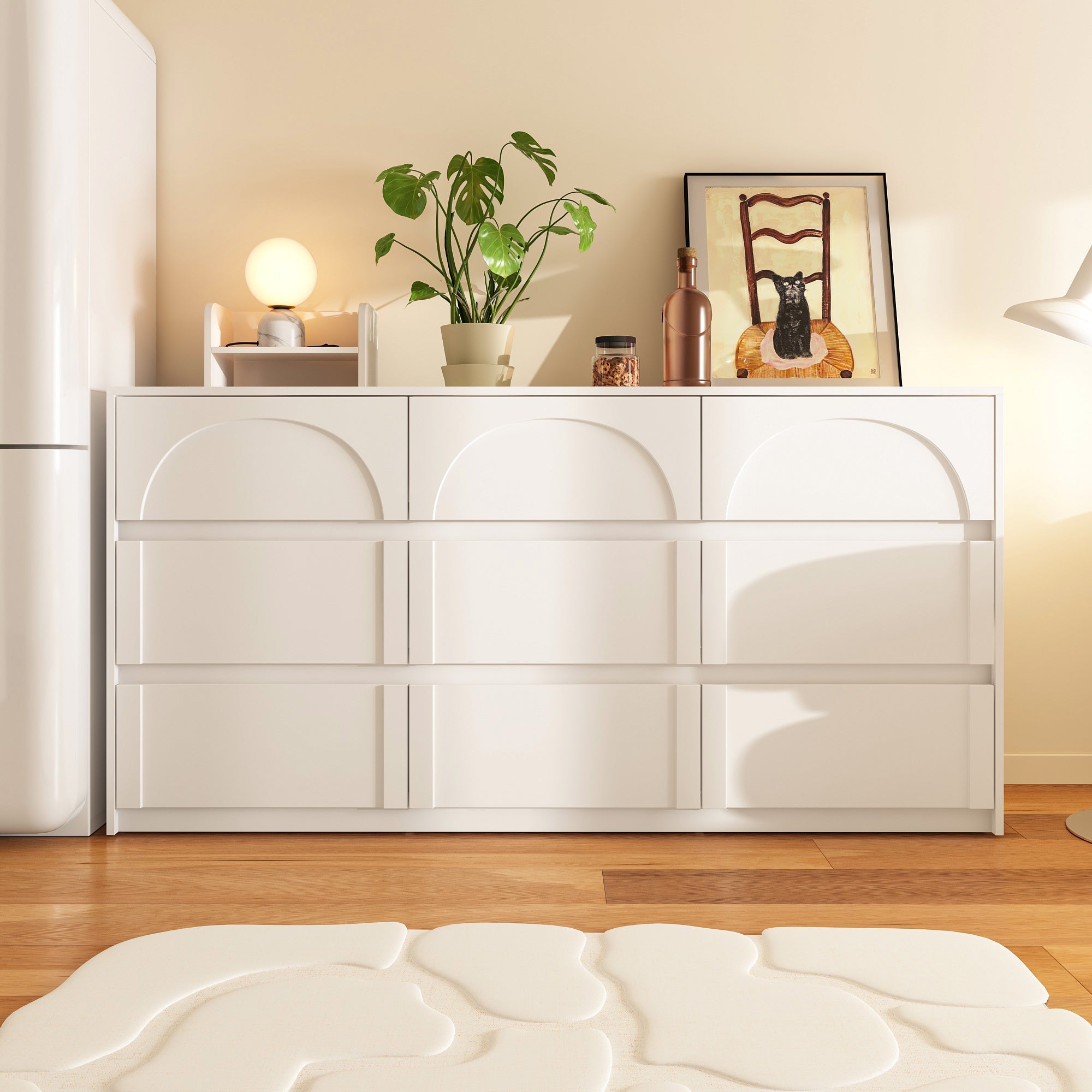 63 inches Modern Elegant White Sideboard With 9 Pull-out Drawers