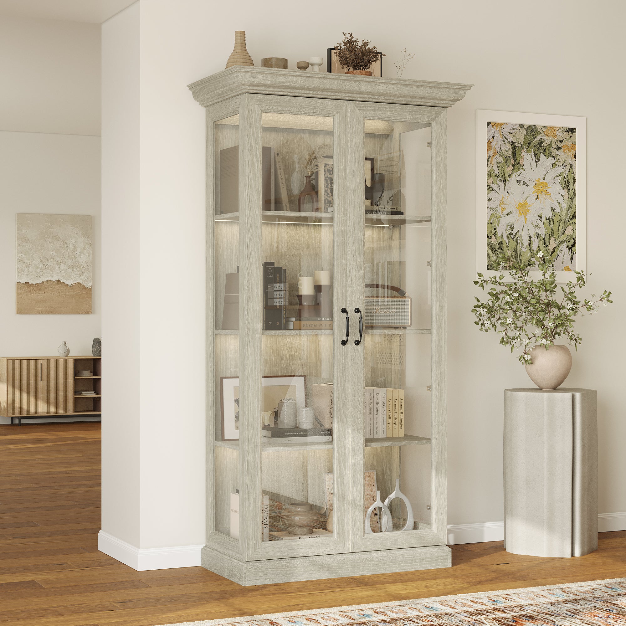 69.3'' H X 32.5'' W 4-Tier Display Bookcase With Glass Door And Light