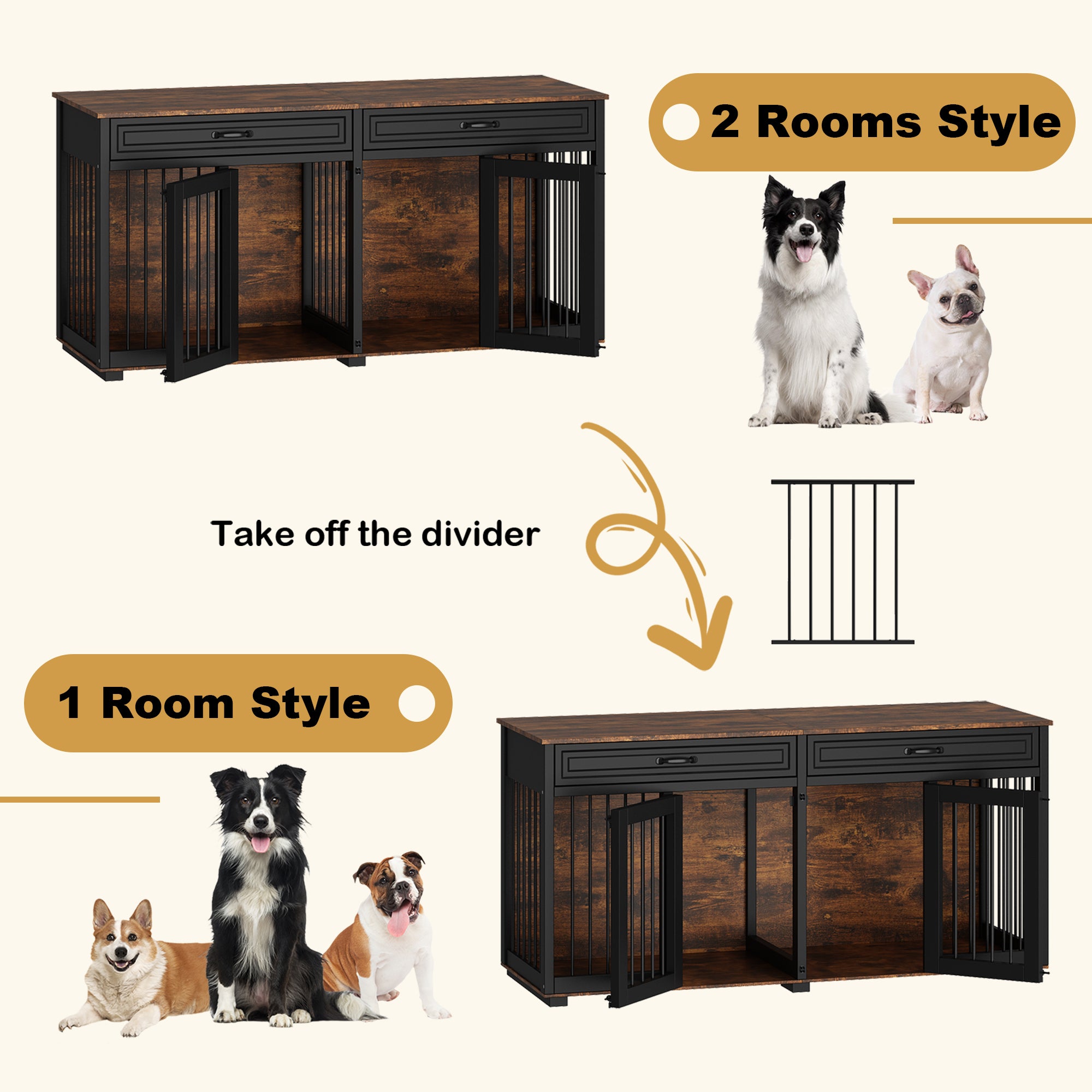 Large Wooden Dog Crate with Divider and Side Table