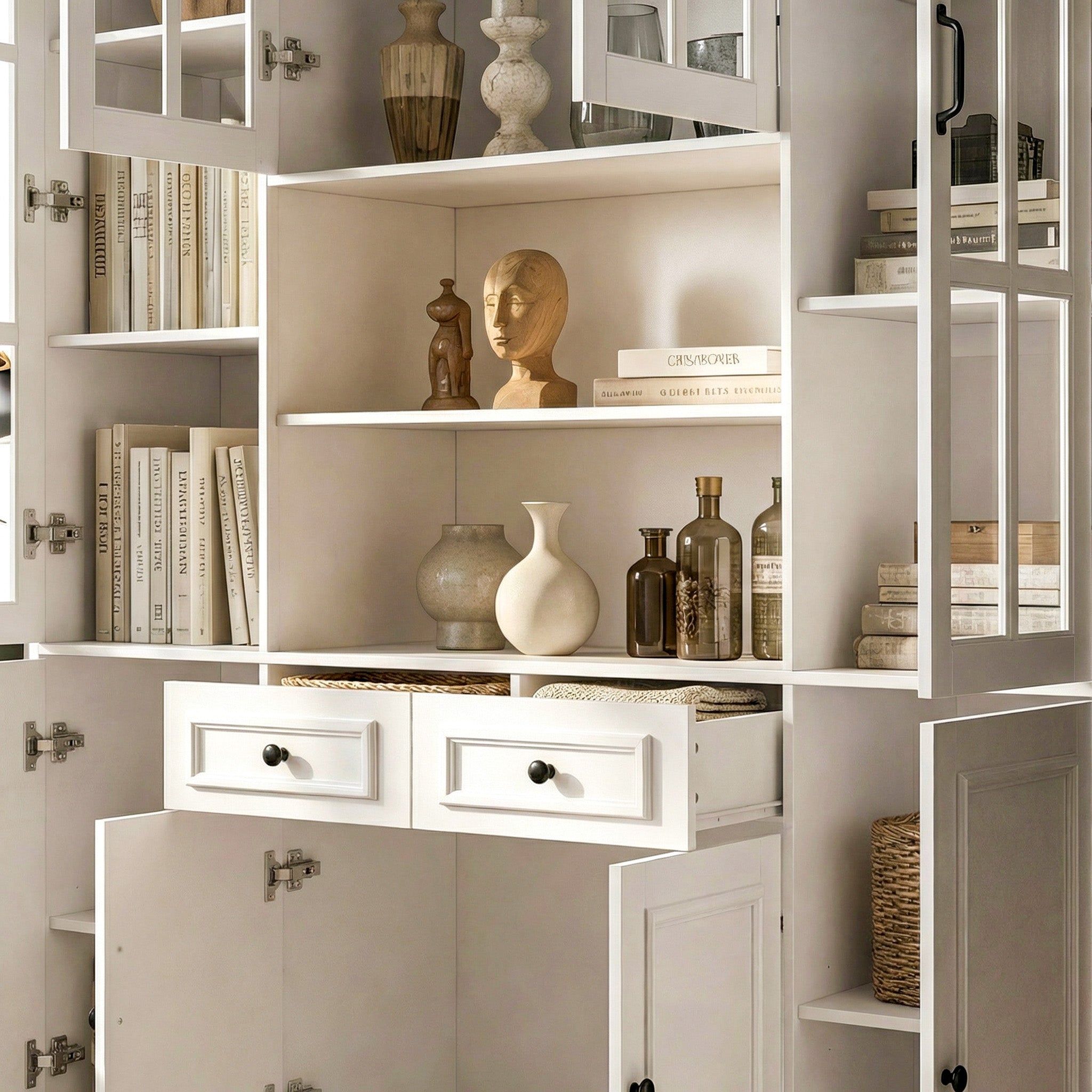 63 inches Modern White 2-Drawer Bookcase with Glass Doors