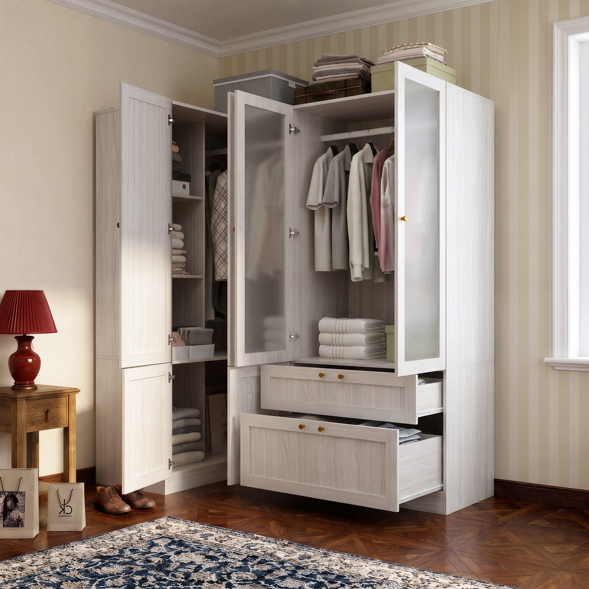 66.9" Modern Corner Wardrobe with Frosted Glass Doors and Gold Hardware