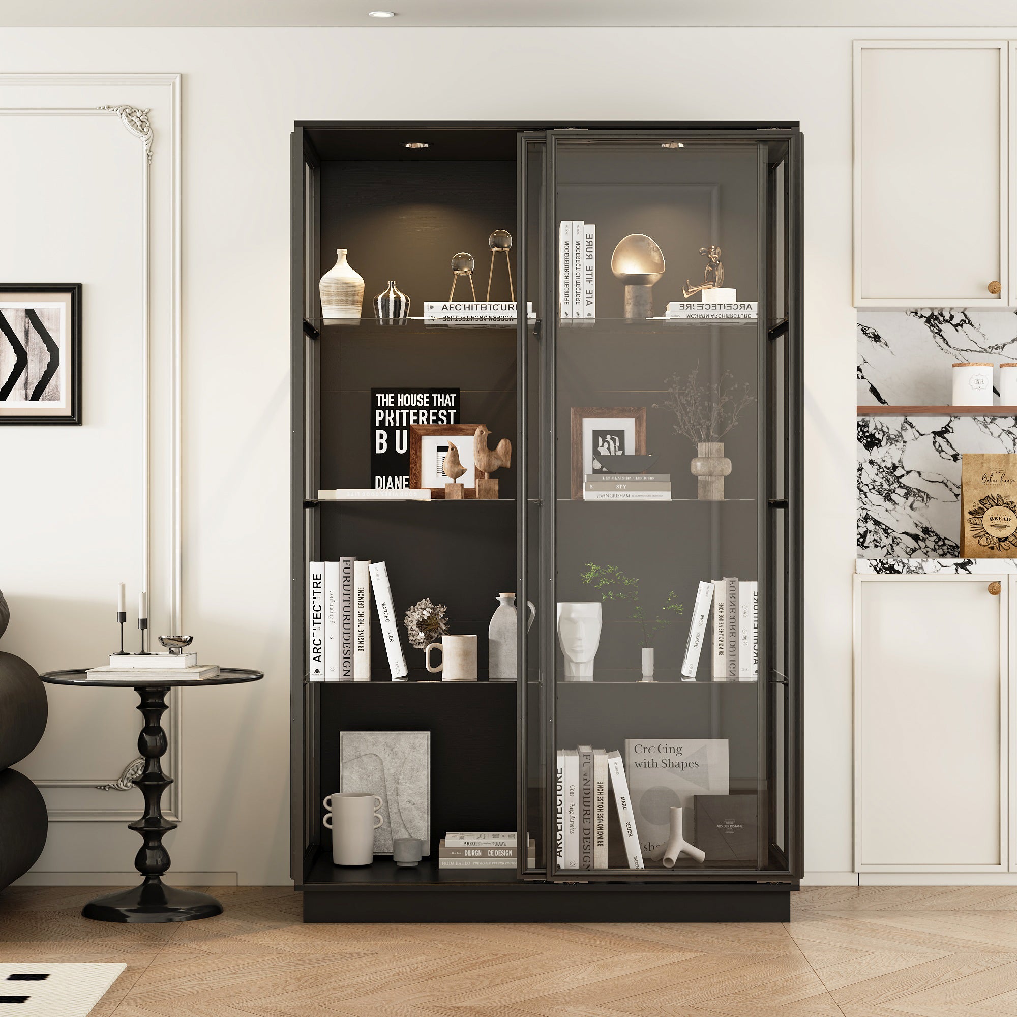 75'' H X 48'' W x 23.6'' D 4-Tier Display Cabinet Bookcase With Glass Doors And LED Light