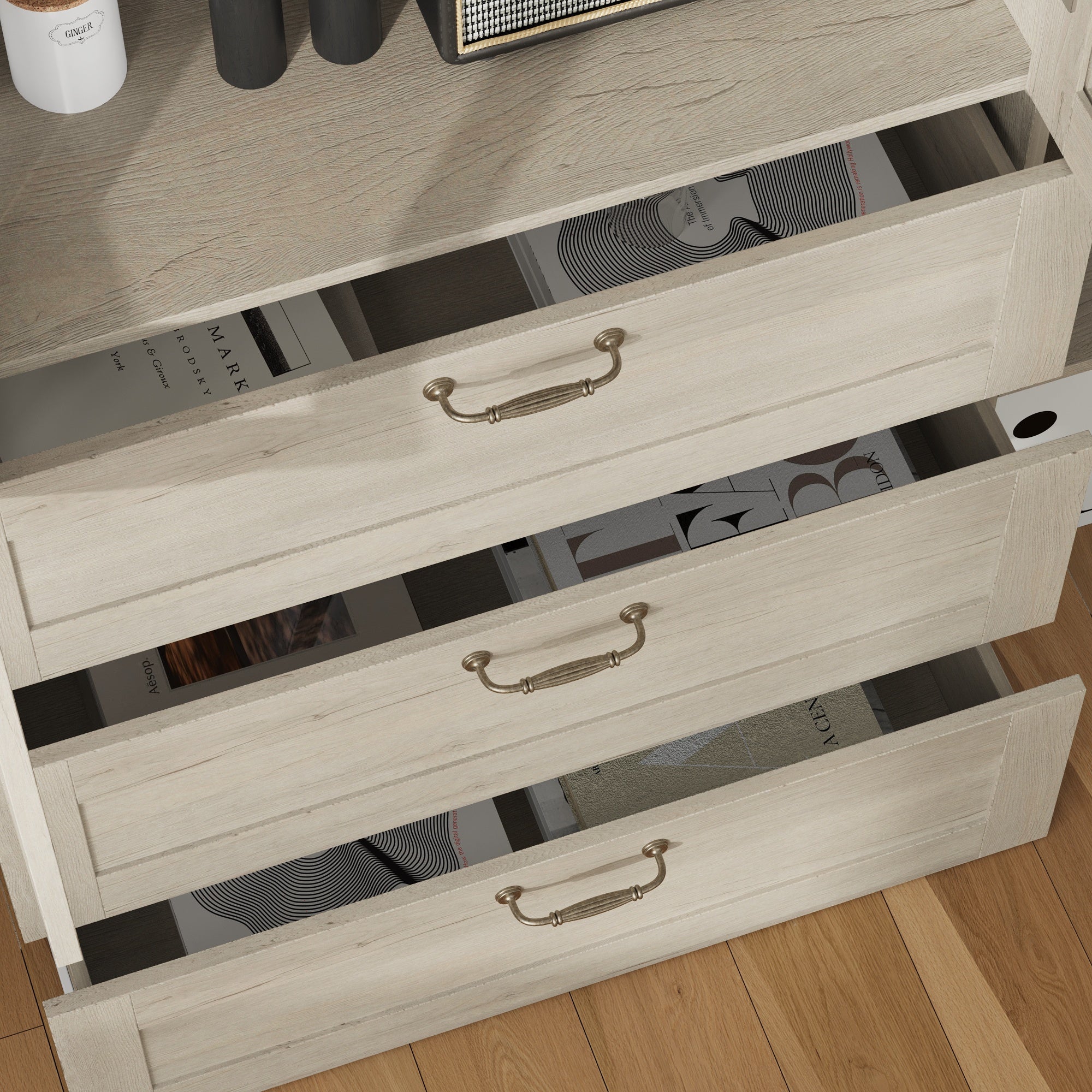 63 inch Rustic Gray-White Wood Bookcase Display Cabinet with Glass Doors & 3 Drawers