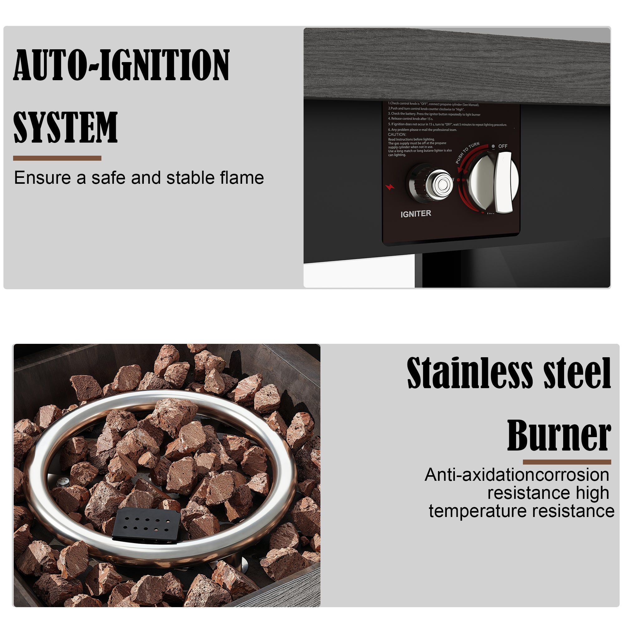 Stainless steel burner with auto-ignition system and text highlighting features.