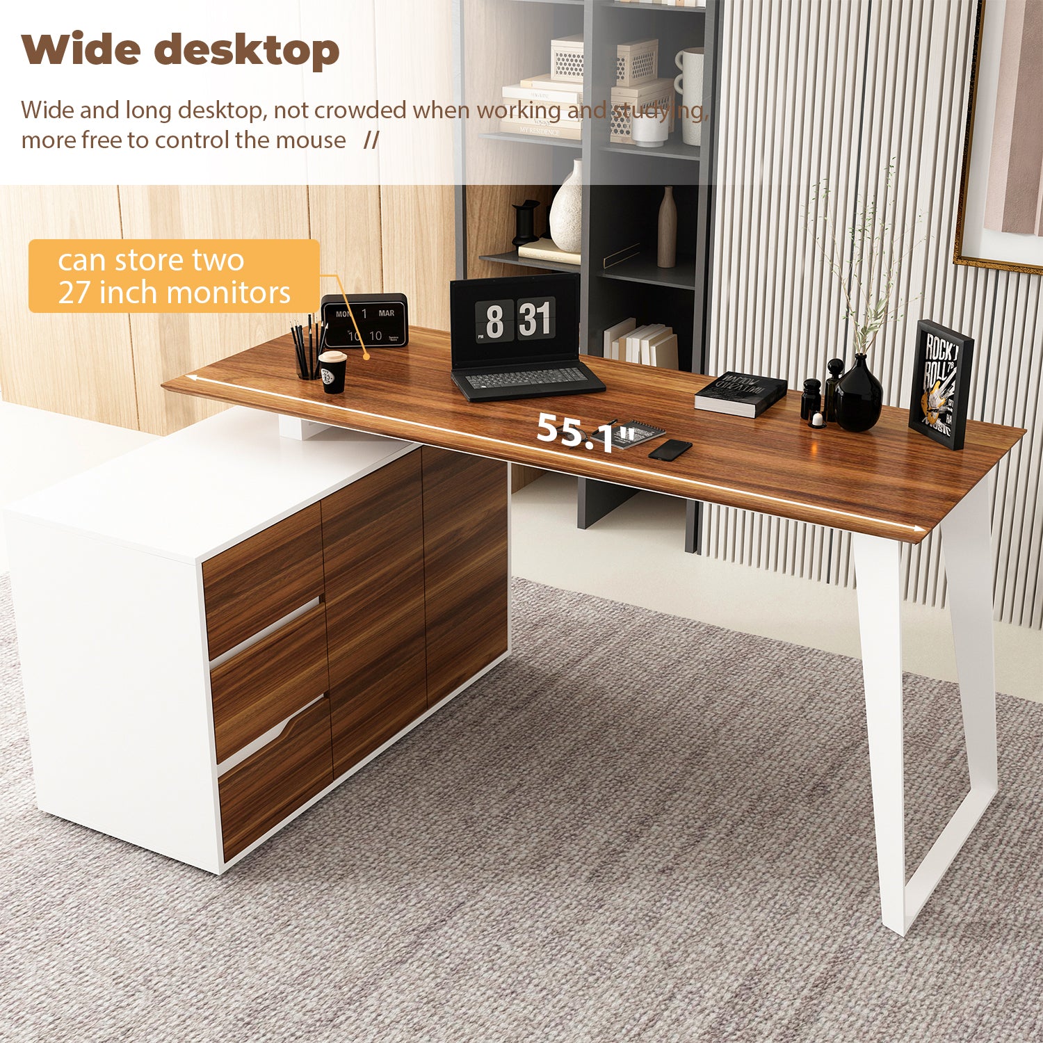 54.3" Mid-Century Modern L-Shaped Corner Computer Desk with Drawers and Wood Grain