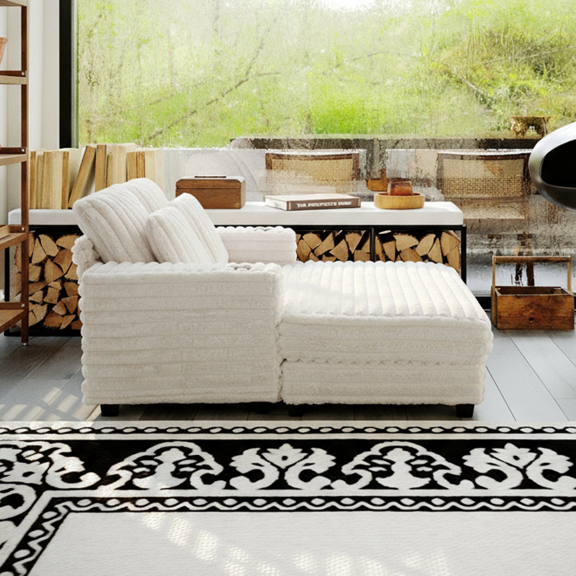 Oversized Modern Lounge Chaise Sofa Bed With Plush Faux Fur Upholstery And Pillow Set