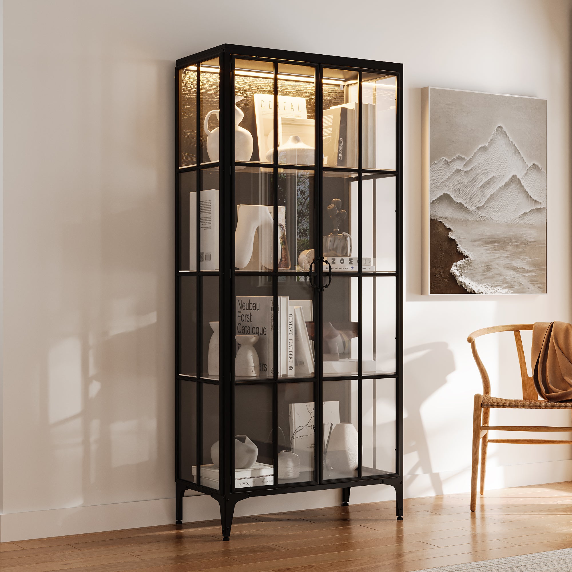 70.9" H Black Glass Display Cabinet With LED Lighting