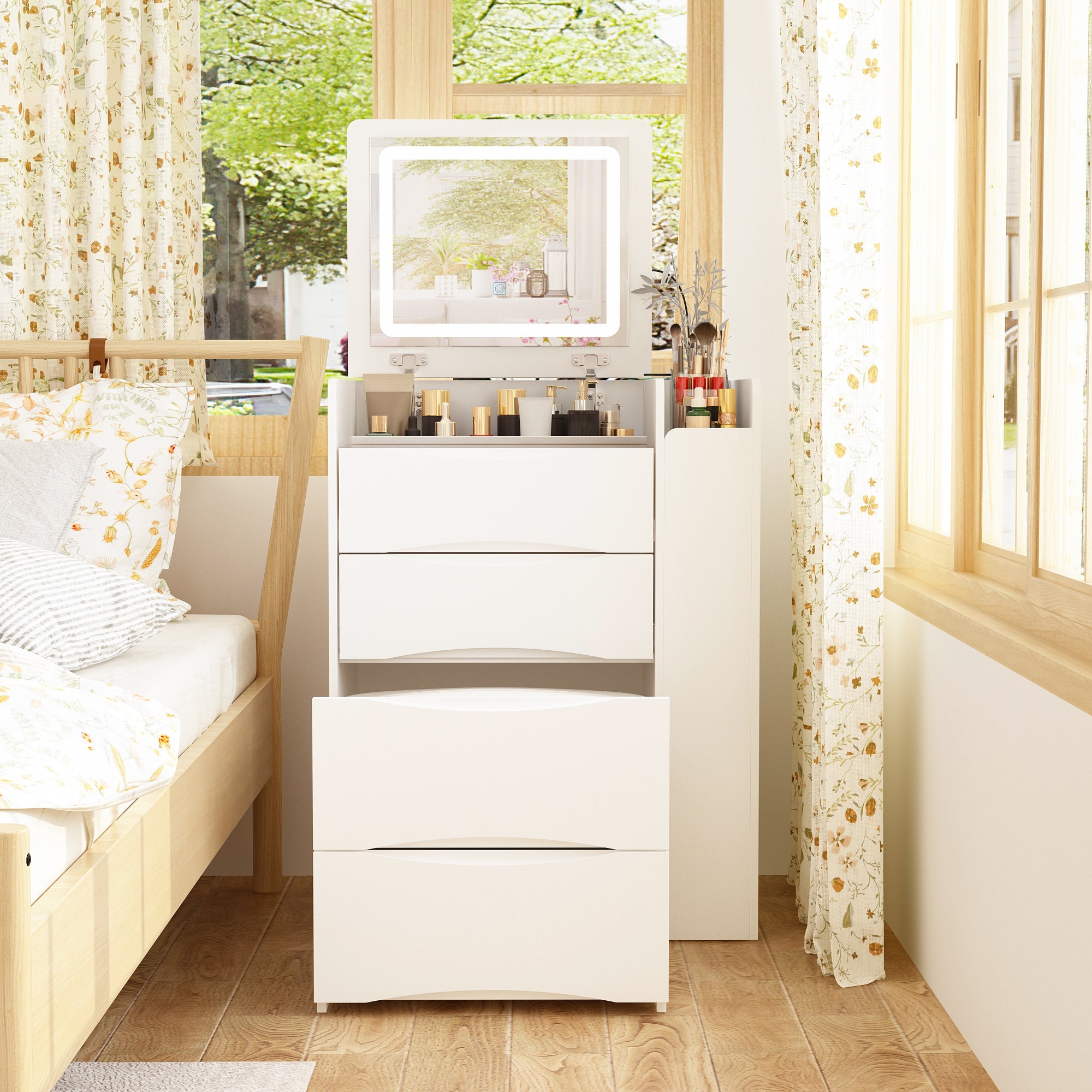 3 Drawers Flip Top Makeup Vanity Table With Storage Stool