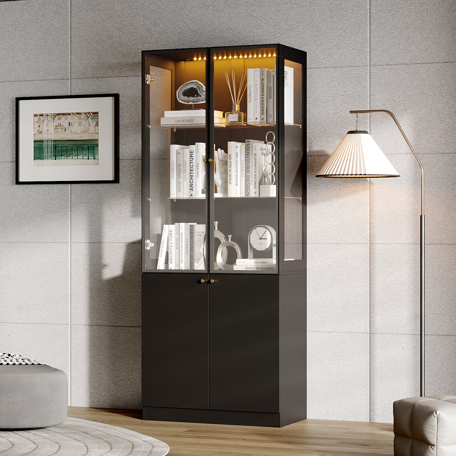 78.7'' H X 31.5'' W Display Bookcase With Led Light & Glass Doors