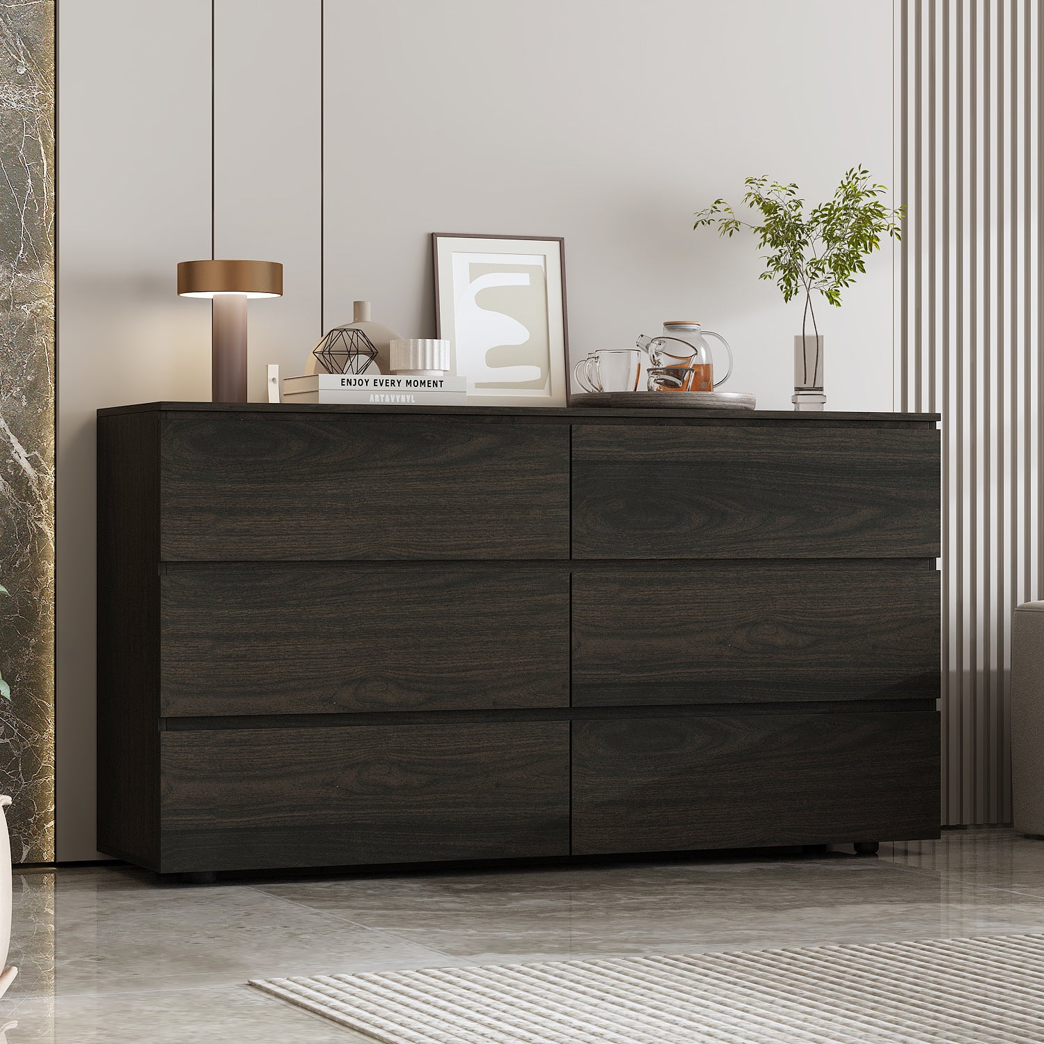 Distressed 6-Drawer Sideboard with Grain Texture - 59" Wide