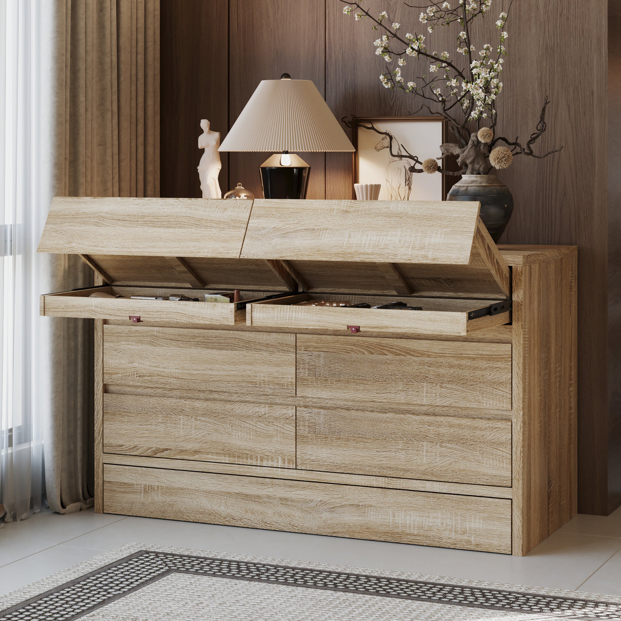 55.1 inch 7-Drawer Wood Chest Dresser with Hidden Compartments and Large Kick Drawer