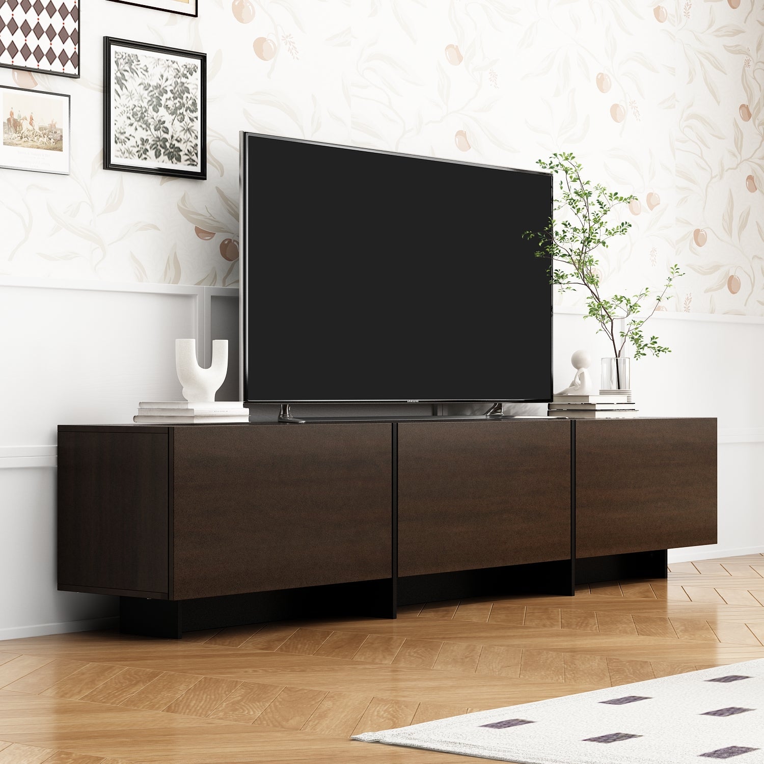 Modern Minimalist TV Stand With Hidden Storage And Soft-Close Hinges, 71.7 Inches, Dark Walnut
