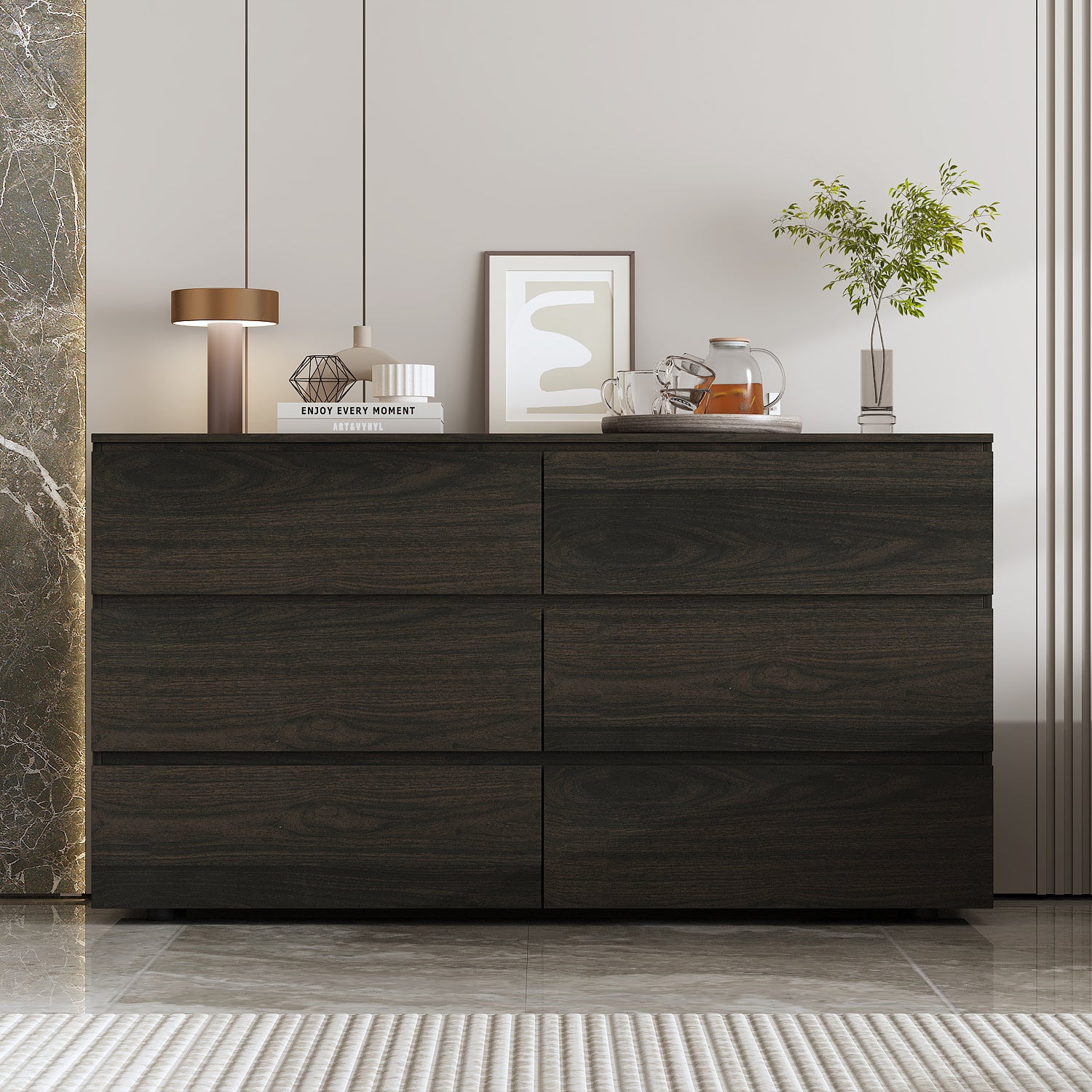 Distressed 6-Drawer Sideboard with Grain Texture - 59" Wide