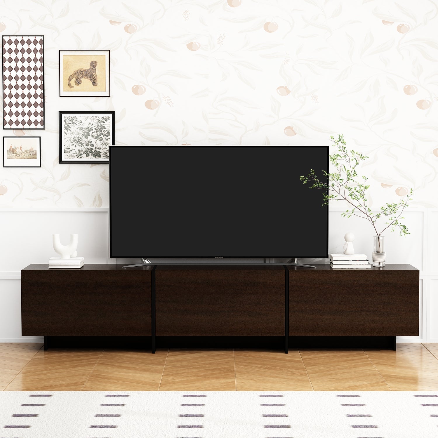 Modern Minimalist TV Stand With Hidden Storage And Soft-Close Hinges, 71.7 Inches, Dark Walnut