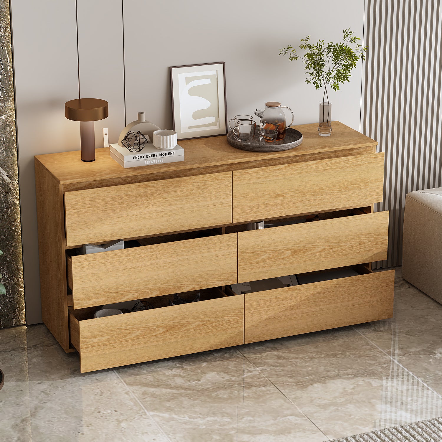 Distressed 6-Drawer Sideboard with Grain Texture - 59" Wide