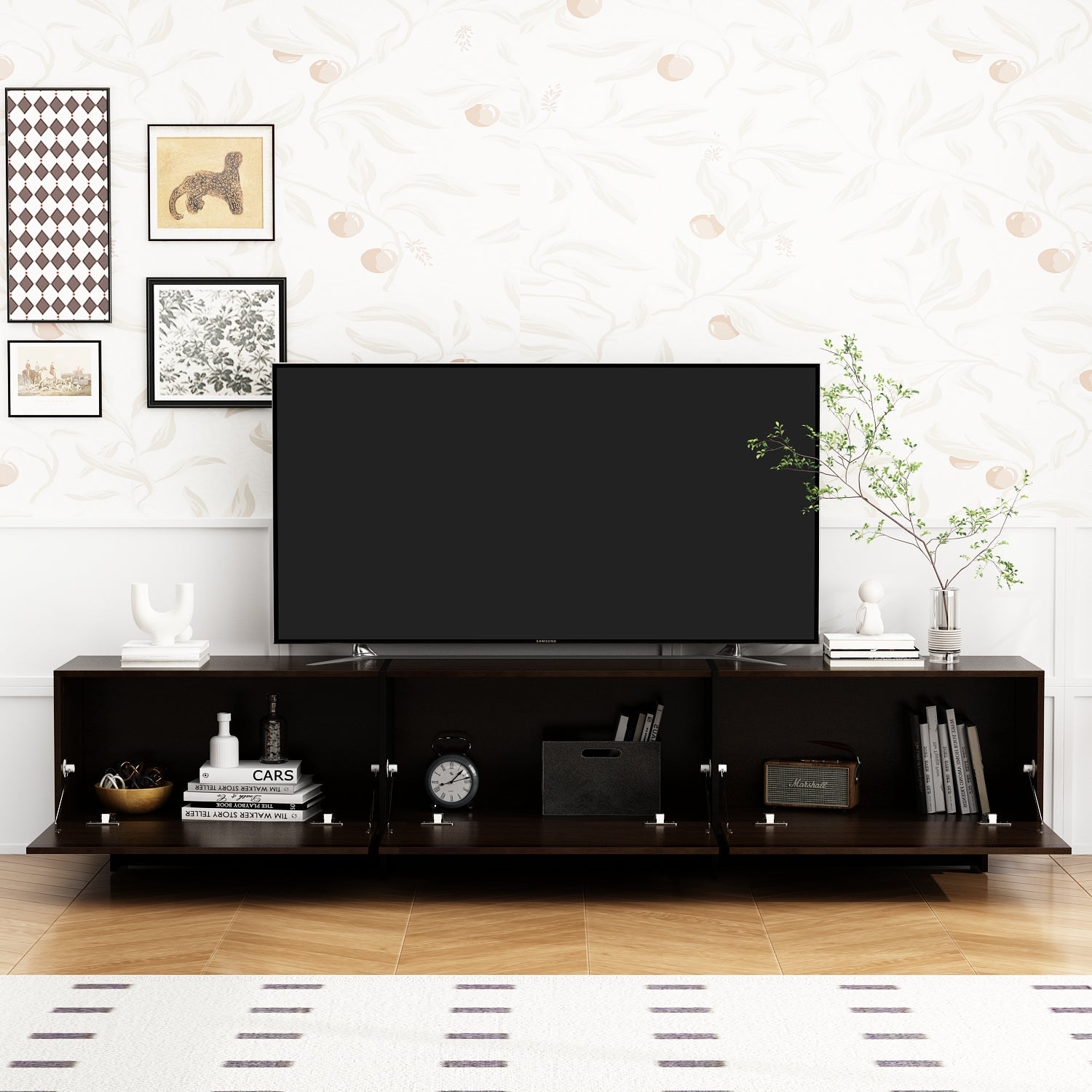Modern Minimalist TV Stand With Hidden Storage And Soft-Close Hinges, 71.7 Inches, Dark Walnut
