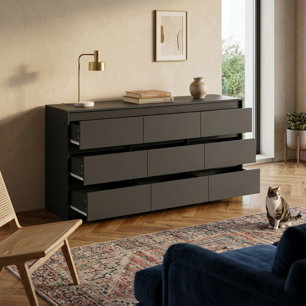 63” Wide Modern Minimalist 9-Drawer Dresser & Storage Sideboard