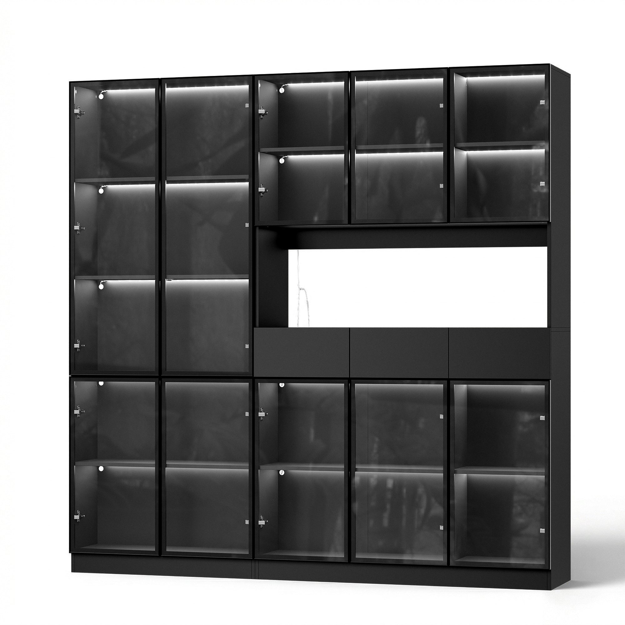 78.7 inch Large Bookcase with Glass Doors and 3-Color Changing LED Lights